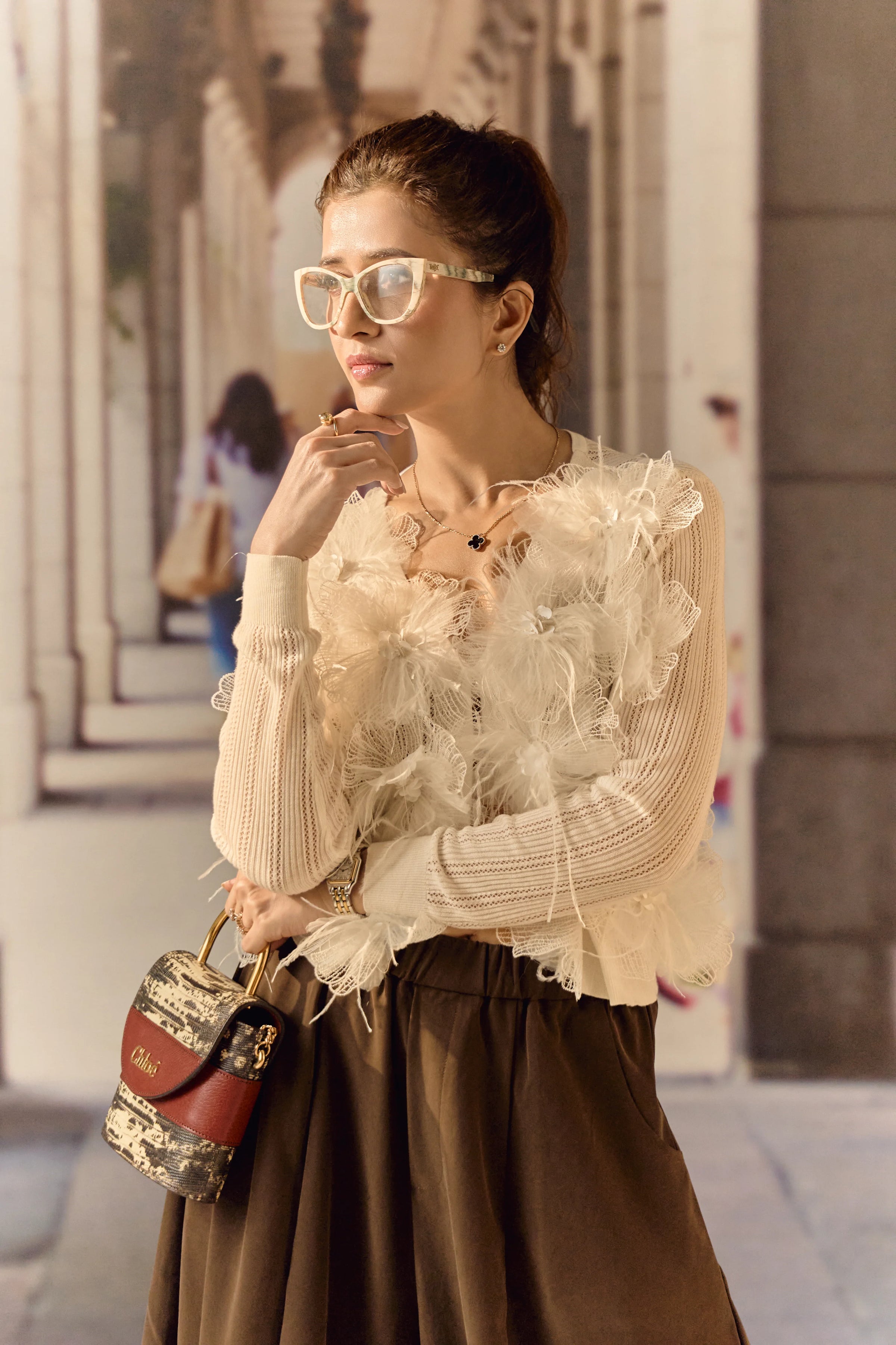 Summer Cardigan with 3D Flower appliqué & ostrich feather - White
