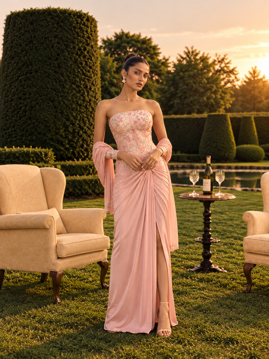 Blush Pink Embellished Corset Set with Stole