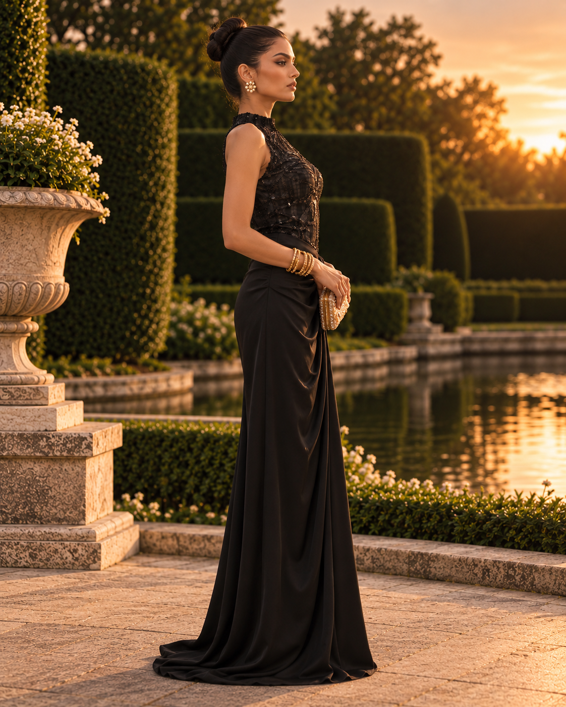 Black Embellished Halter Neck Top with Draped Maxi Skirt Set