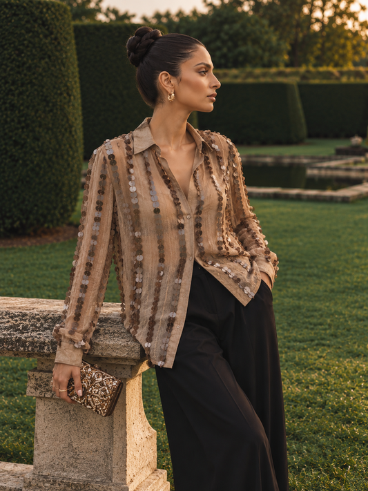 Taupe Sequins Embellished Shirt