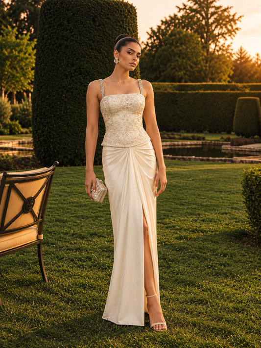 Ivory Embellished Corset Top with Satin Draped Slit Skirt Set