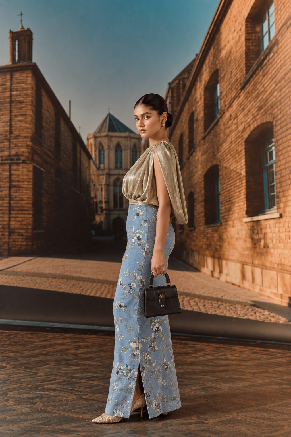 Blue Floral Embellished Denim Maxi Skirt