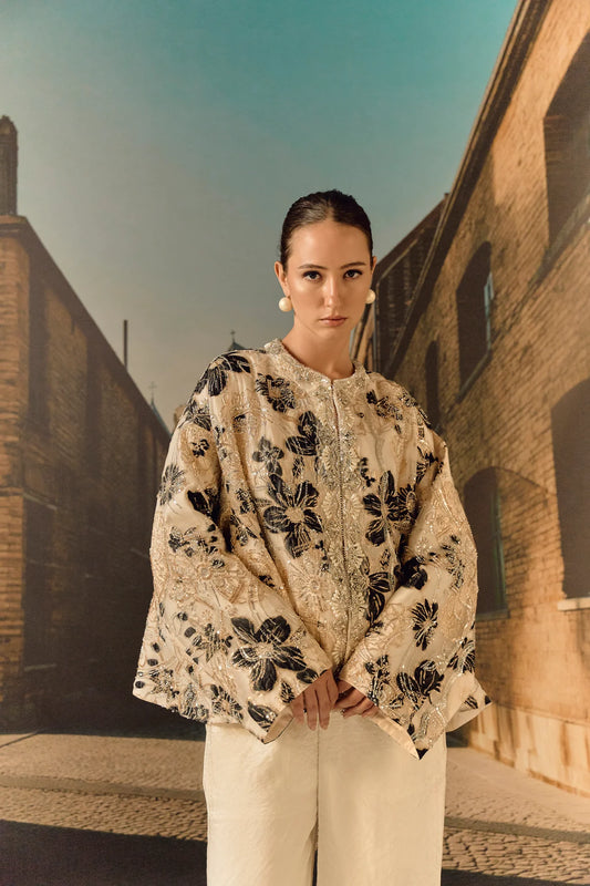 Ecru evening cape jacket with black silver floral embroidery