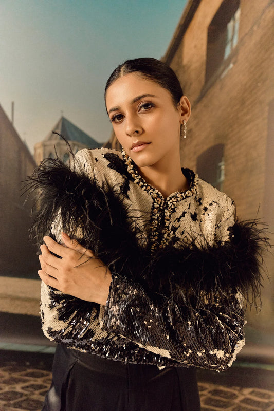 Black Beige sequined evening jacket with ostrich feather