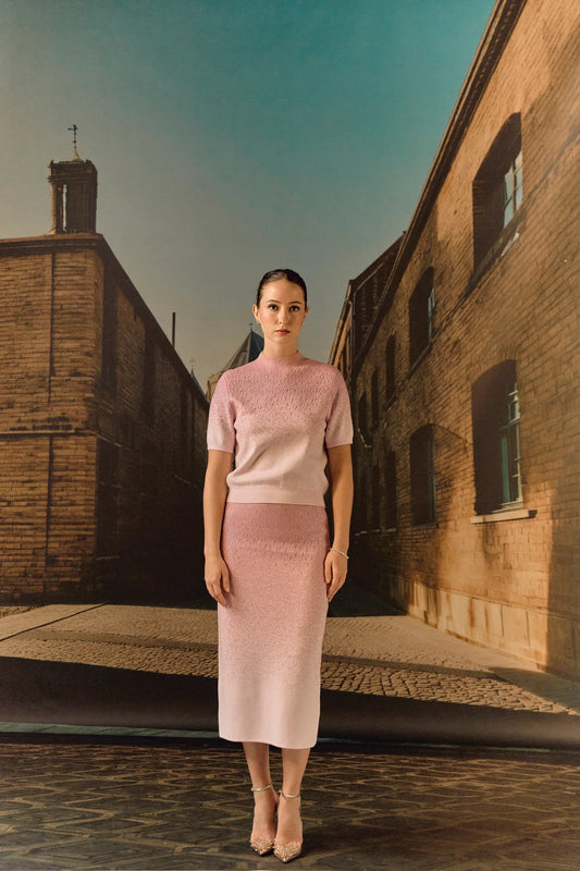 Swarovski skirt & top evening set in cashmere blend - Rose