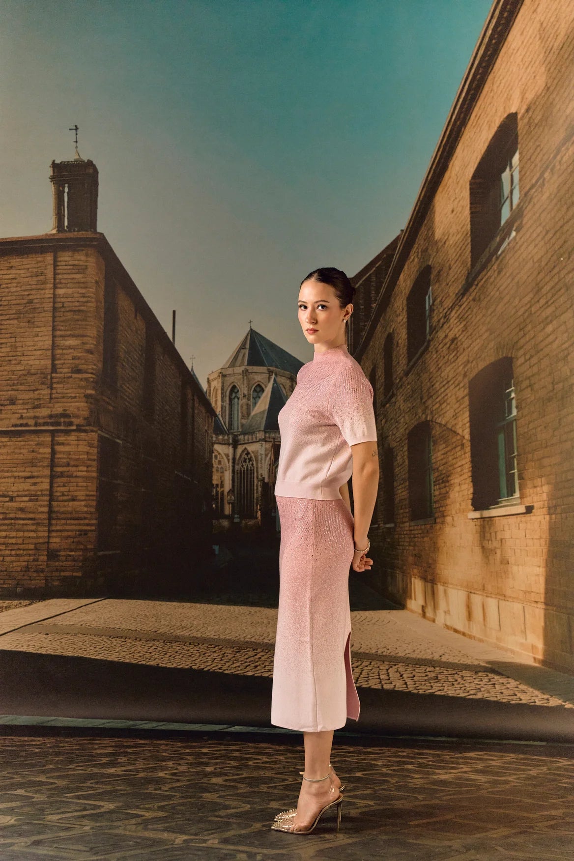 Swarovski skirt & top evening set in cashmere blend - Rose