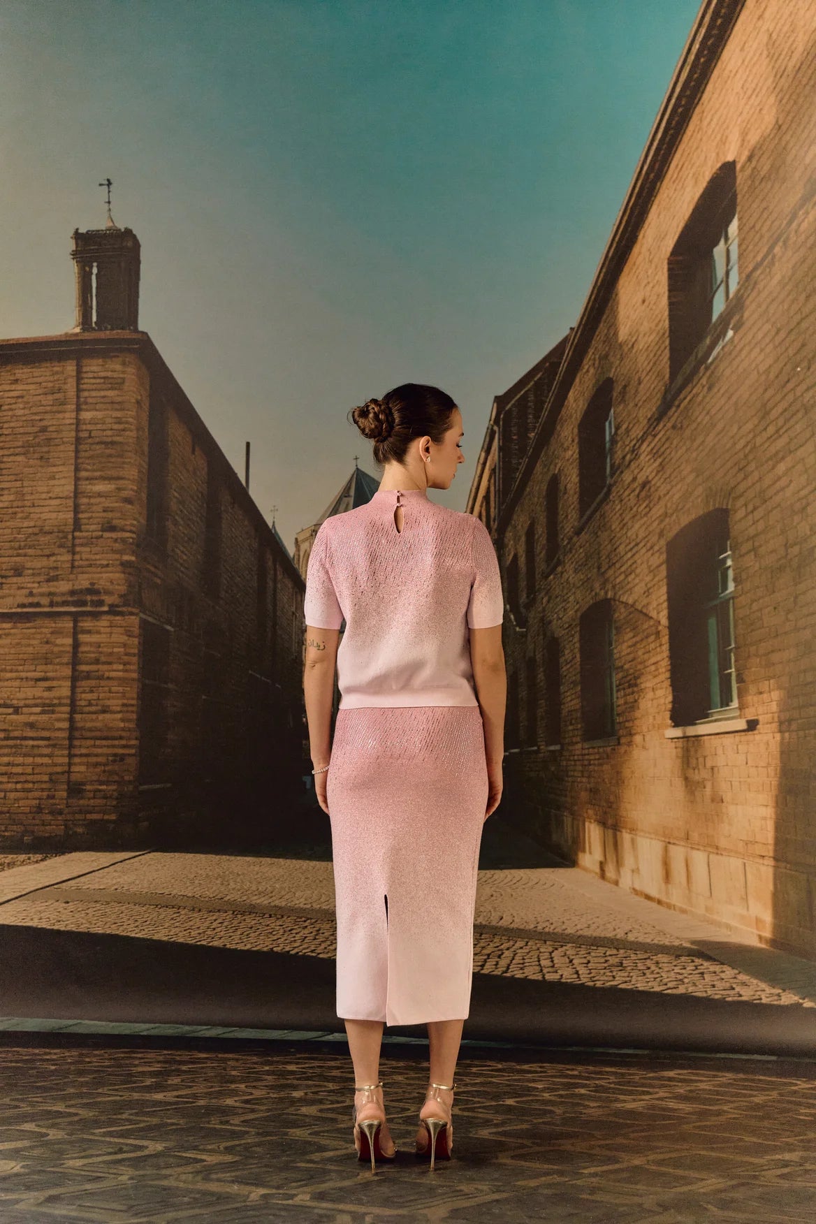 Swarovski skirt & top evening set in cashmere blend - Rose