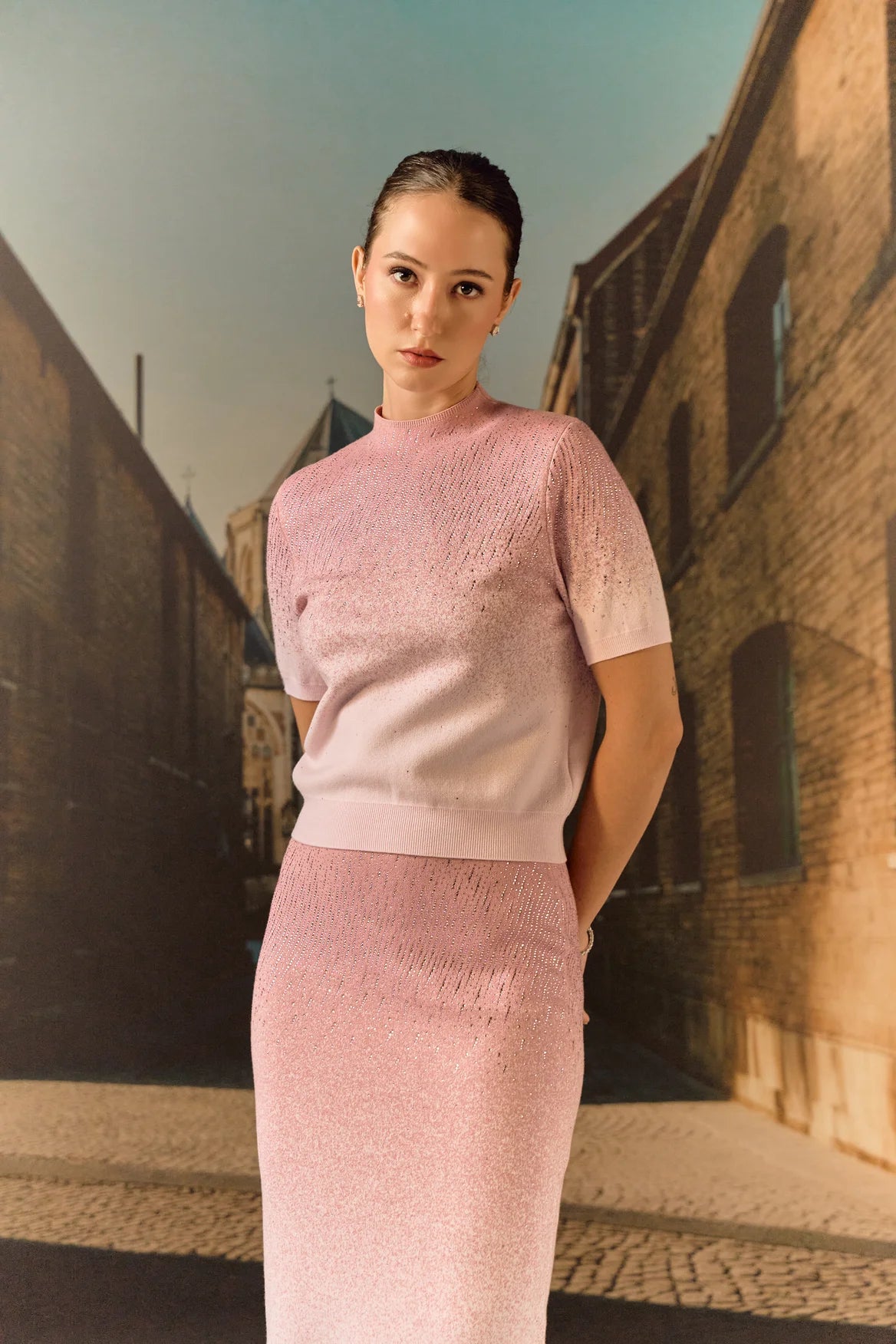 Swarovski skirt & top evening set in cashmere blend - Rose