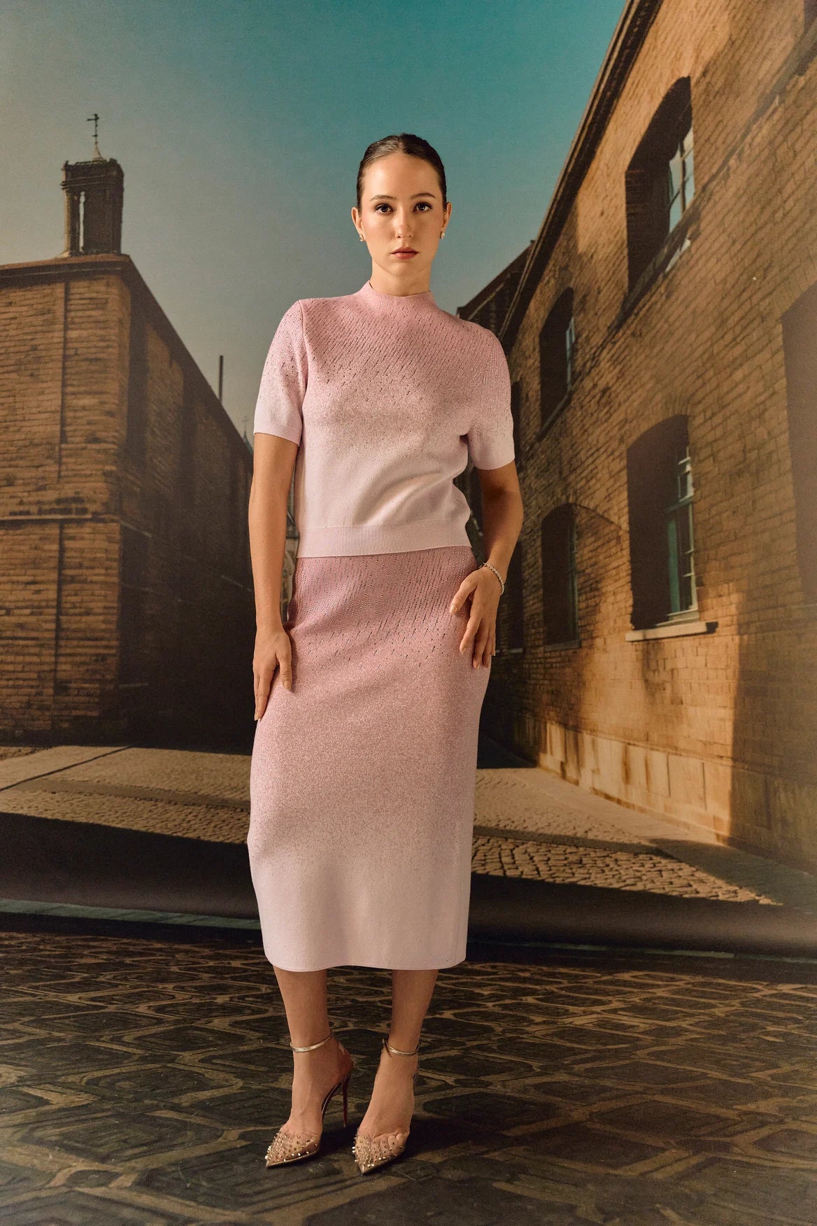 Swarovski skirt & top evening set in cashmere blend - Rose