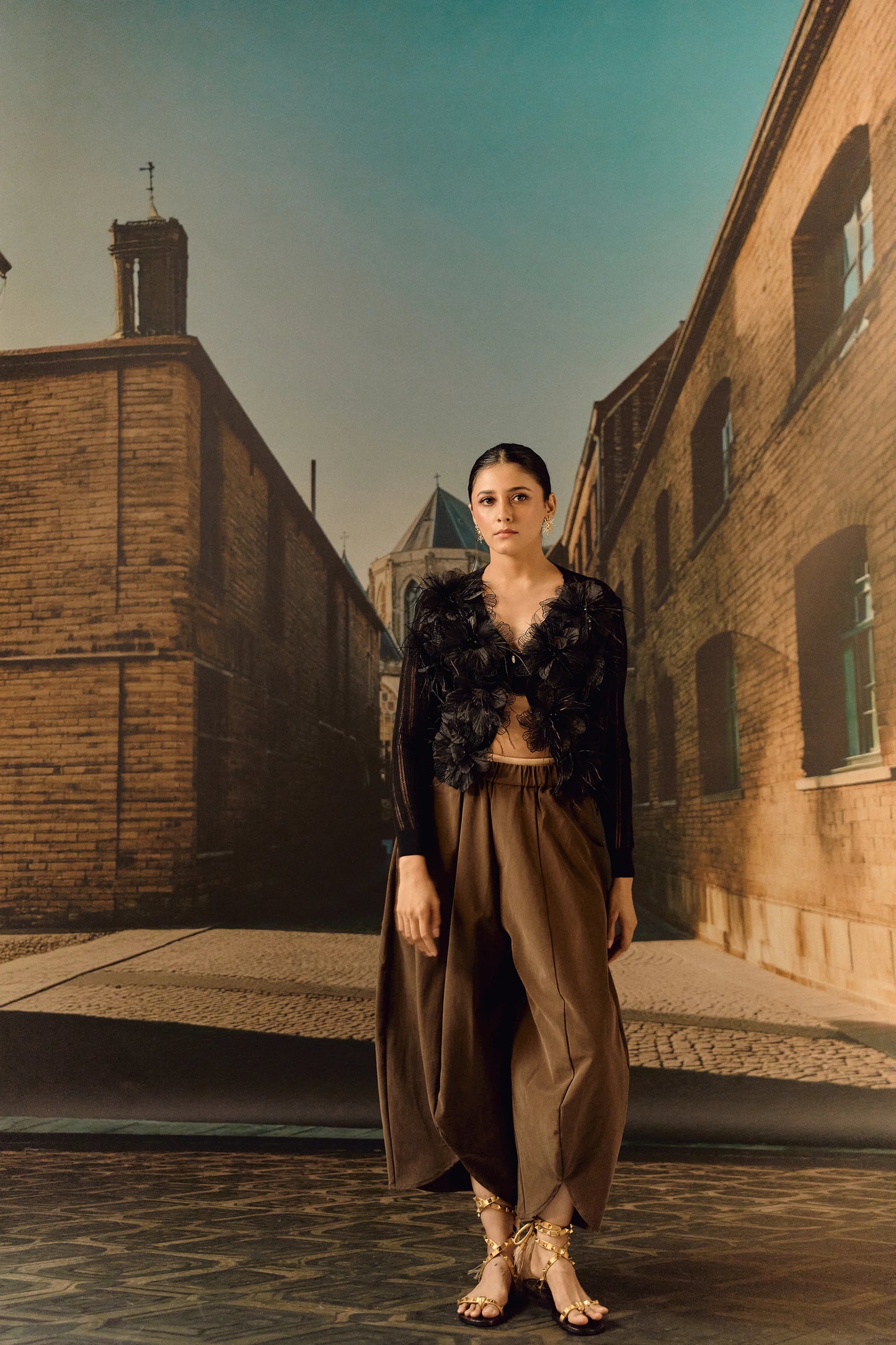 Summer Cardigan with 3D Flower appliqué & ostrich feather - Black