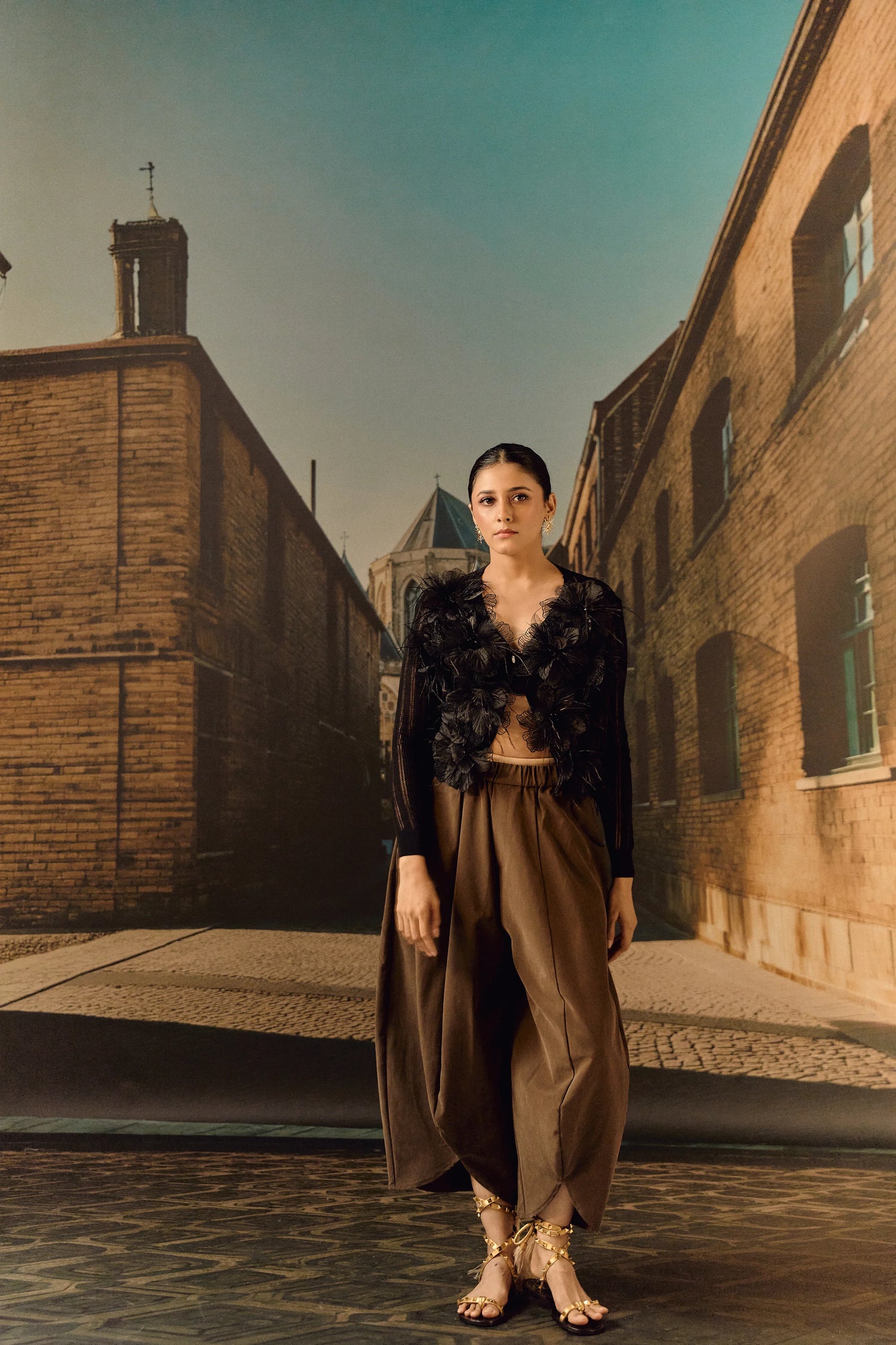 Summer Cardigan with 3D Flower appliqué & ostrich feather - Black