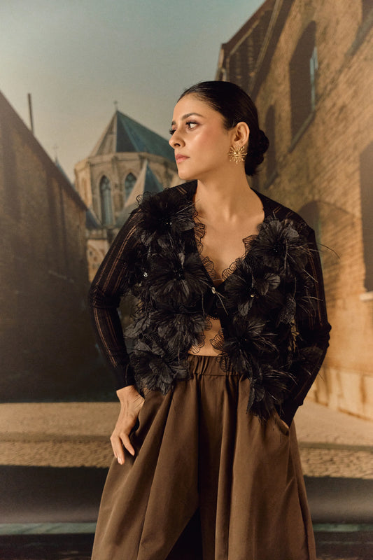 Summer Cardigan with 3D Flower appliqué & ostrich feather - Black