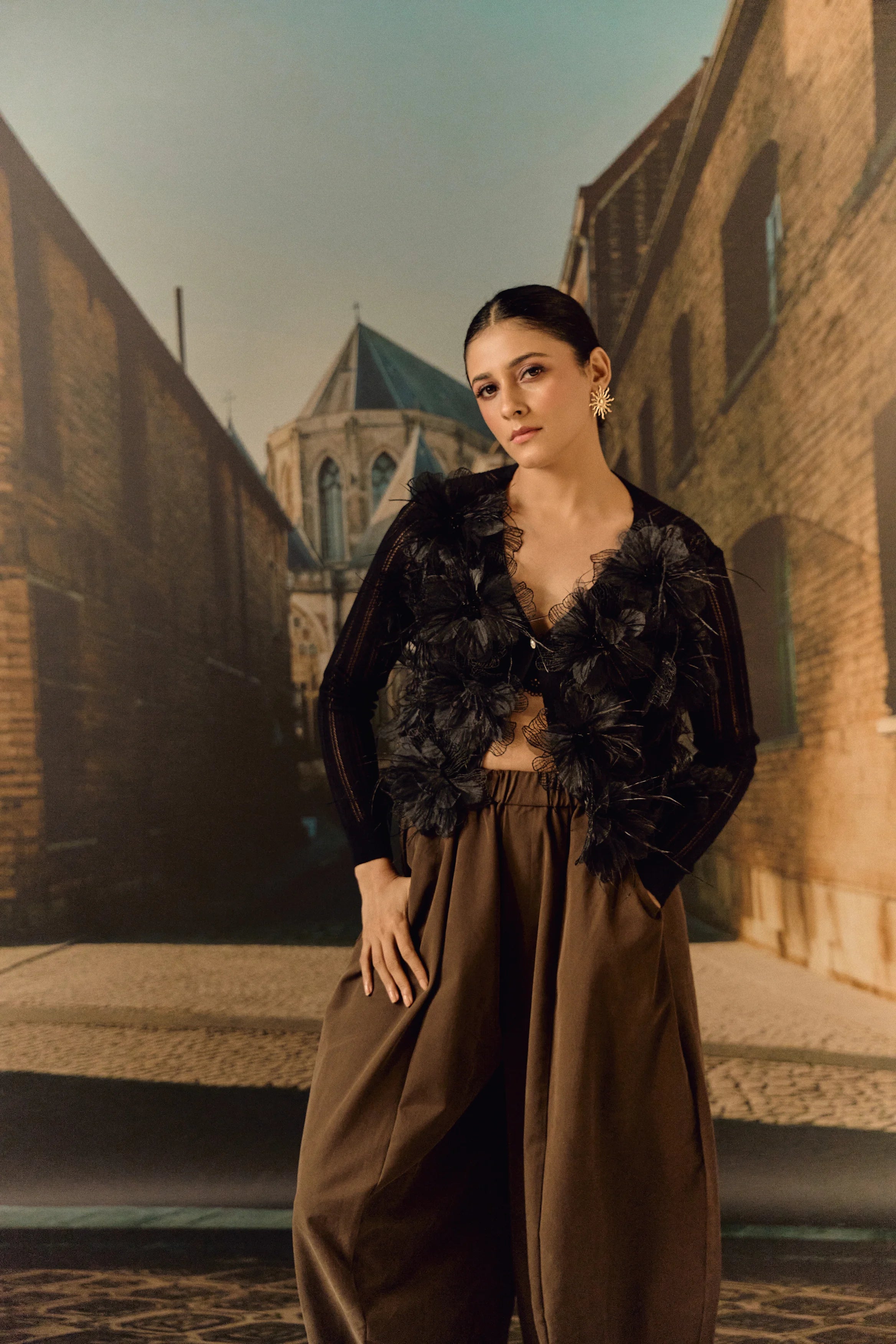 Summer Cardigan with 3D Flower appliqué & ostrich feather - Black