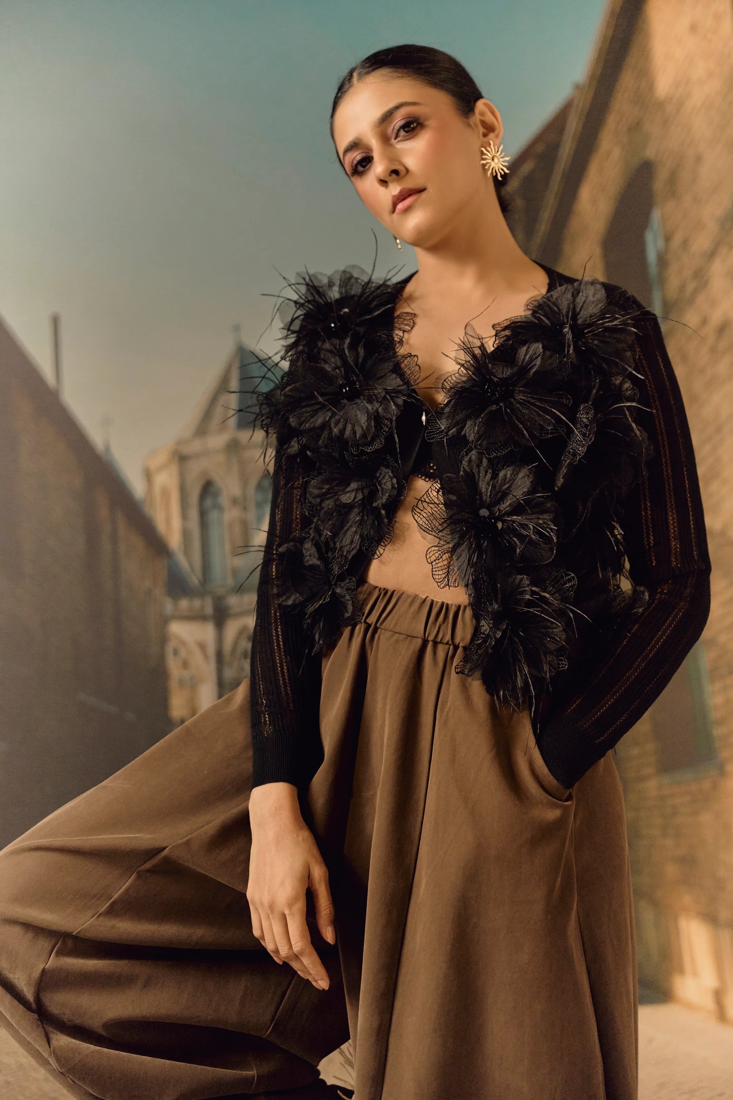 Summer Cardigan with 3D Flower appliqué & ostrich feather - Black