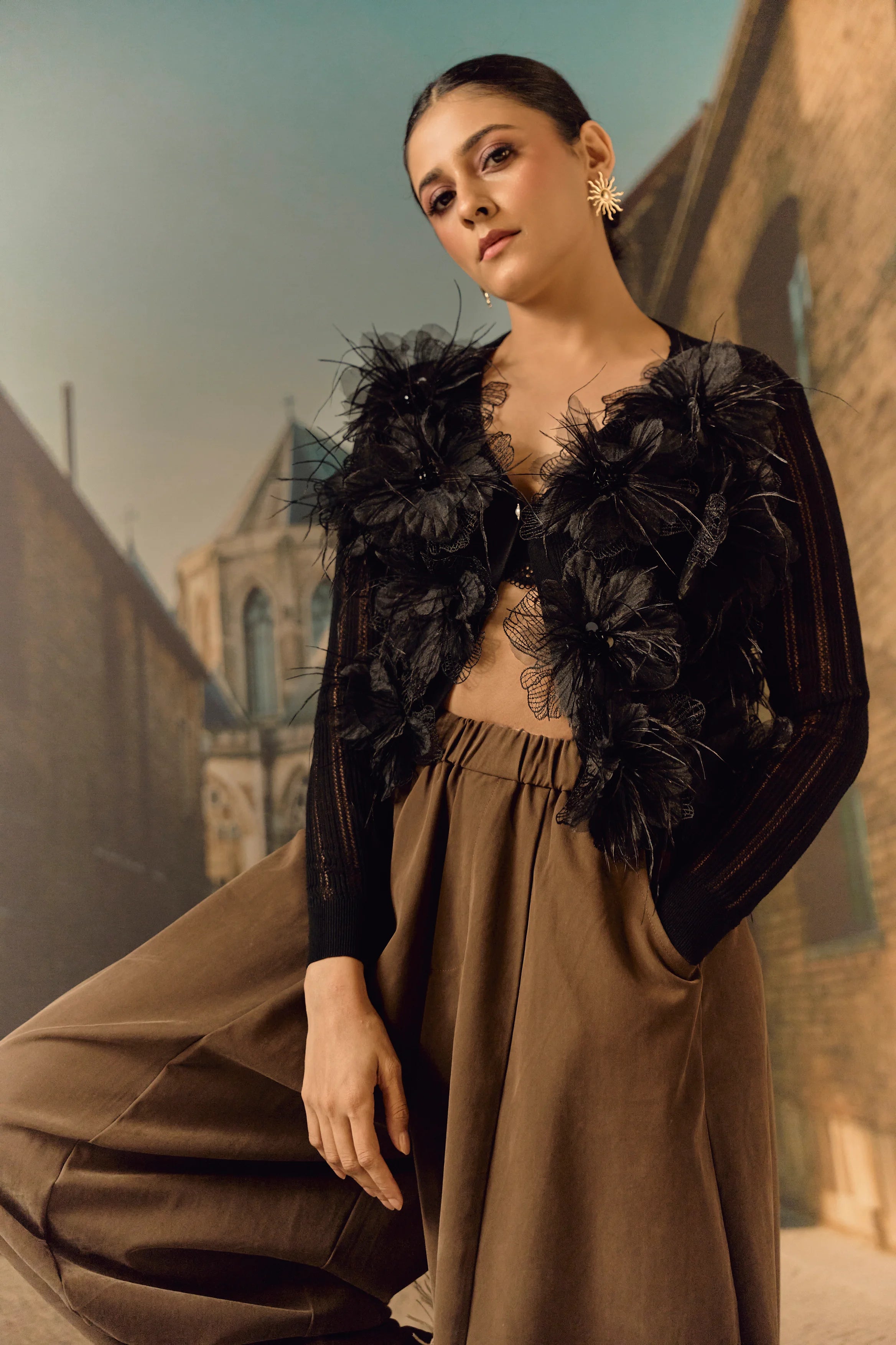 Summer Cardigan with 3D Flower appliqué & ostrich feather - Black