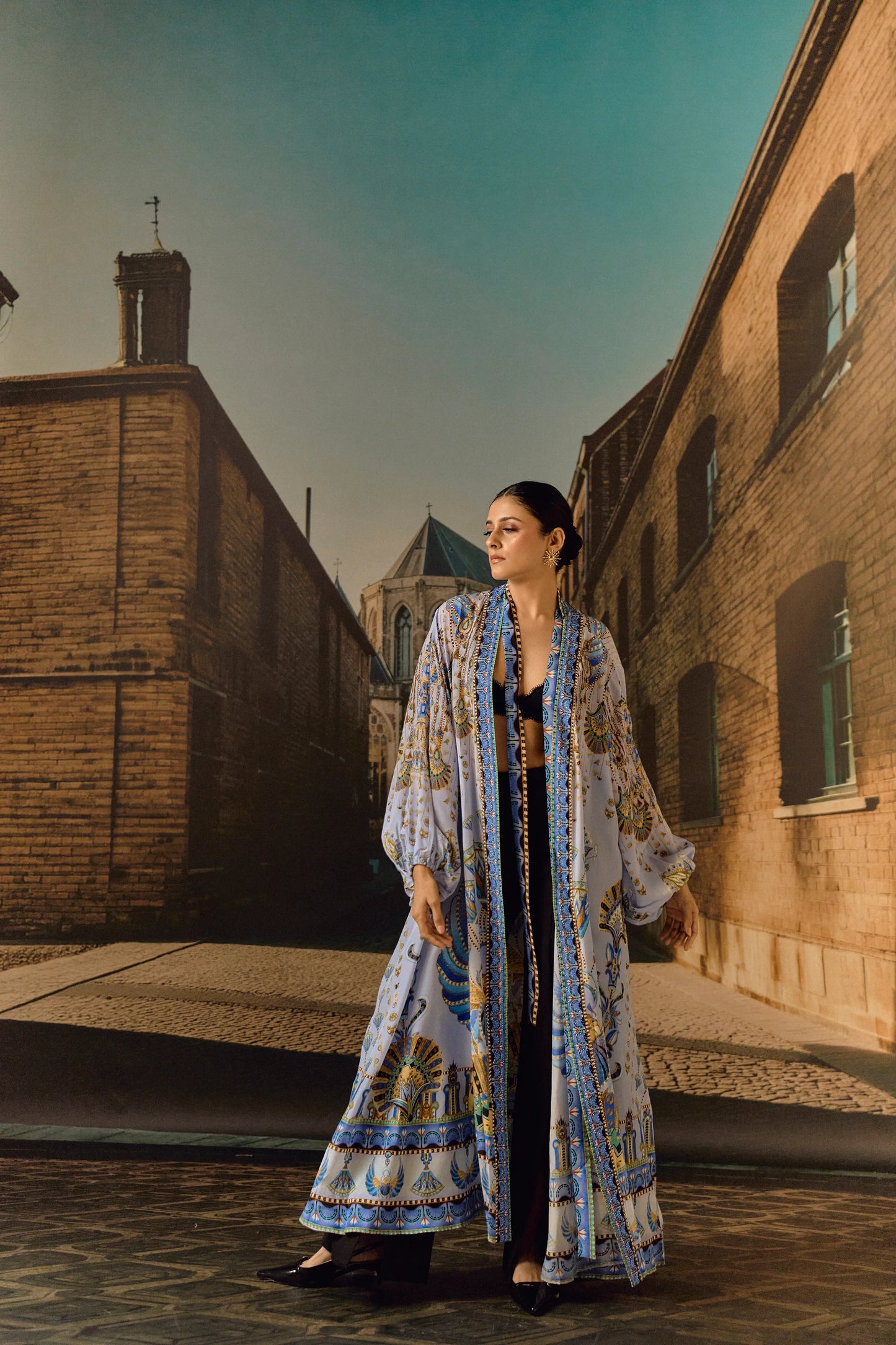 Sky Blue Silk crop Digital print ovrlay kaftan with belt