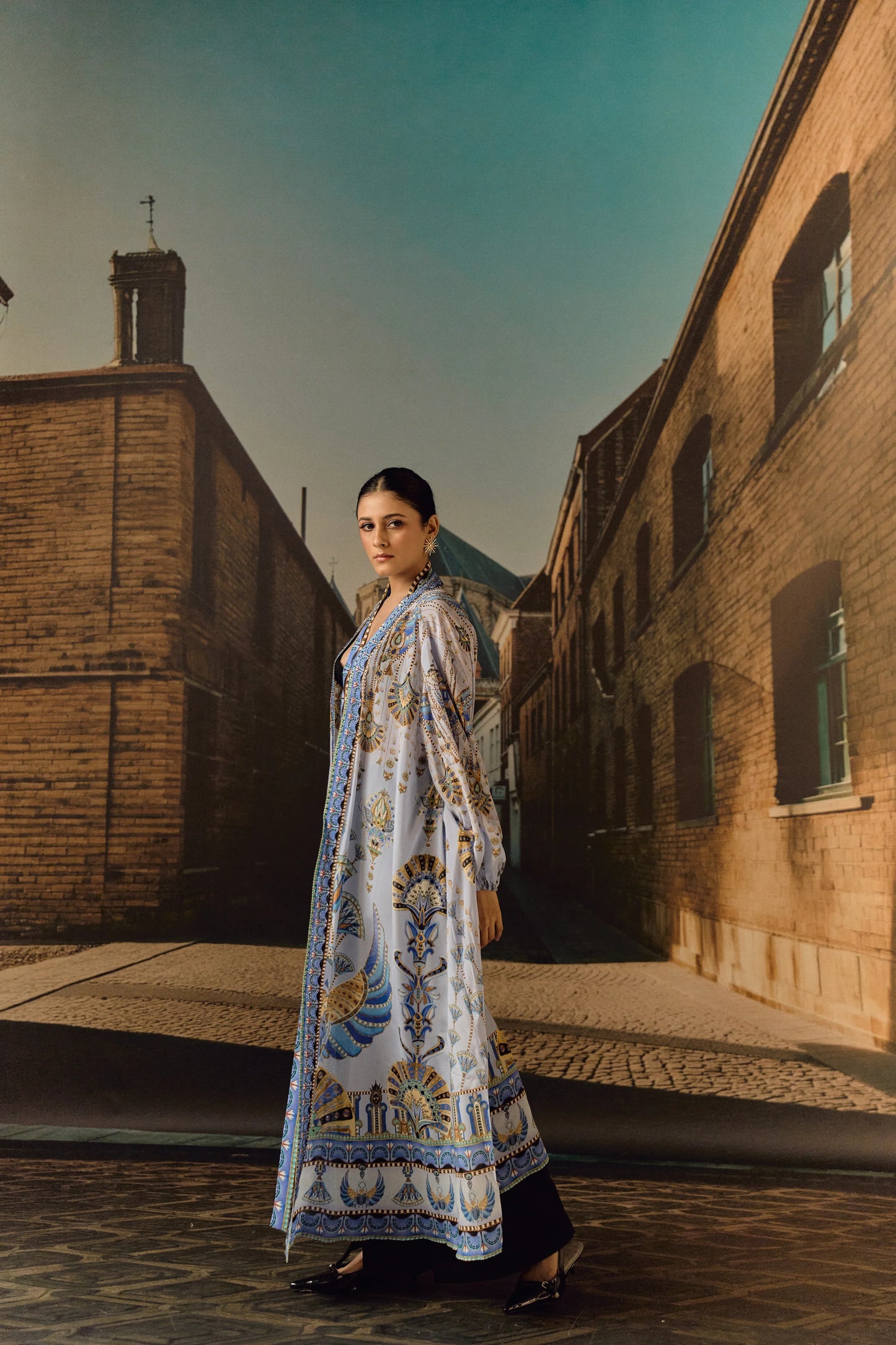 Sky Blue Silk crop Digital print ovrlay kaftan with belt