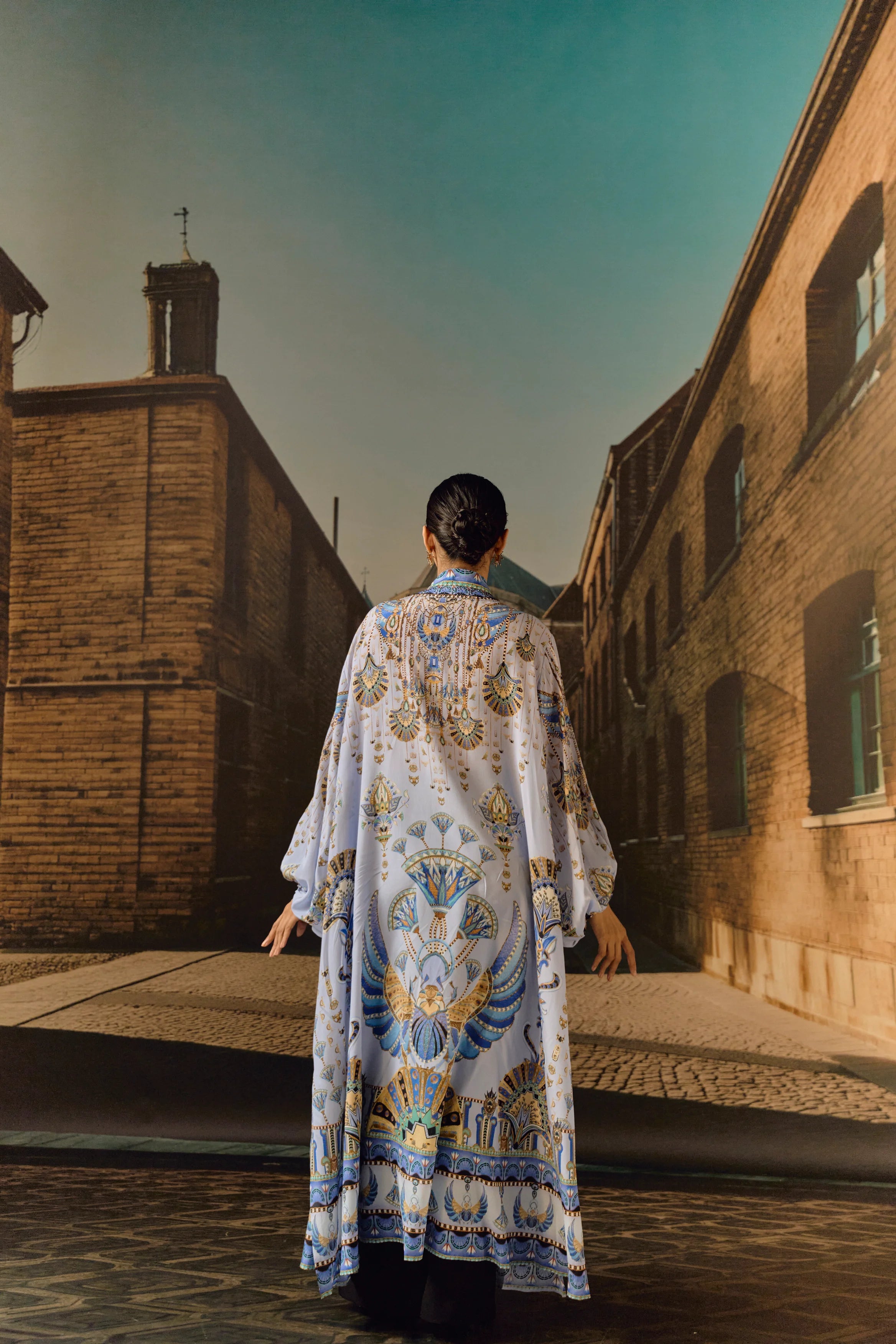 Sky Blue Silk crop Digital print ovrlay kaftan with belt