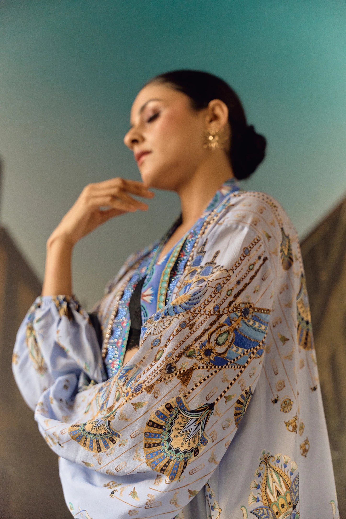 Sky Blue Silk crop Digital print ovrlay kaftan with belt