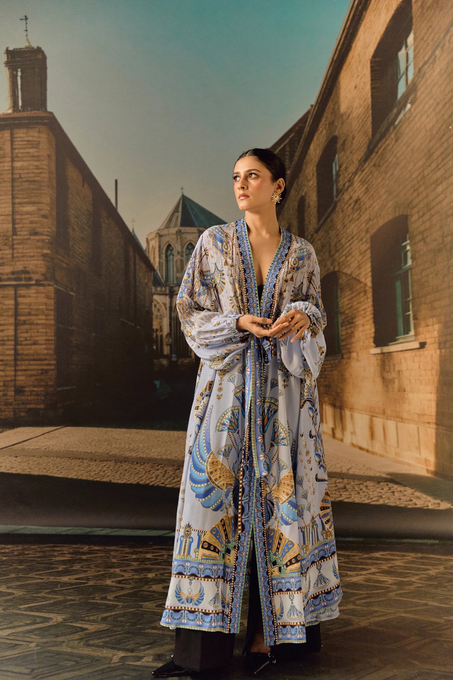 Sky Blue Silk crop Digital print ovrlay kaftan with belt