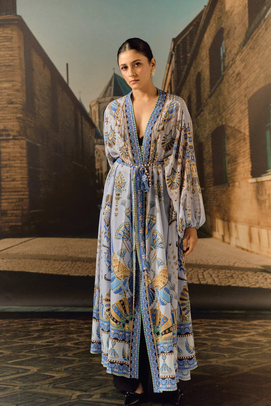 Sky Blue Silk crop Digital print ovrlay kaftan with belt