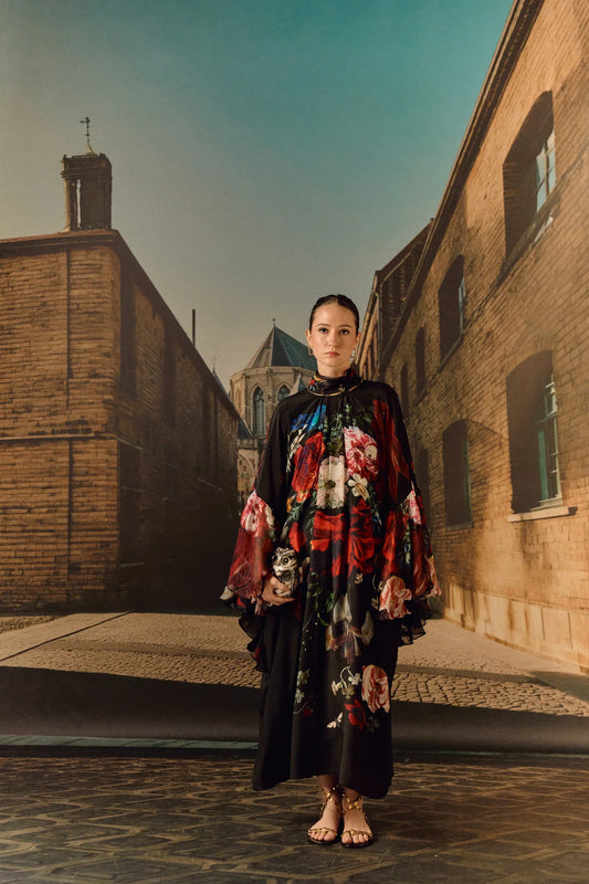 Digital print silk Chiffon ruffle kaftan with crystal