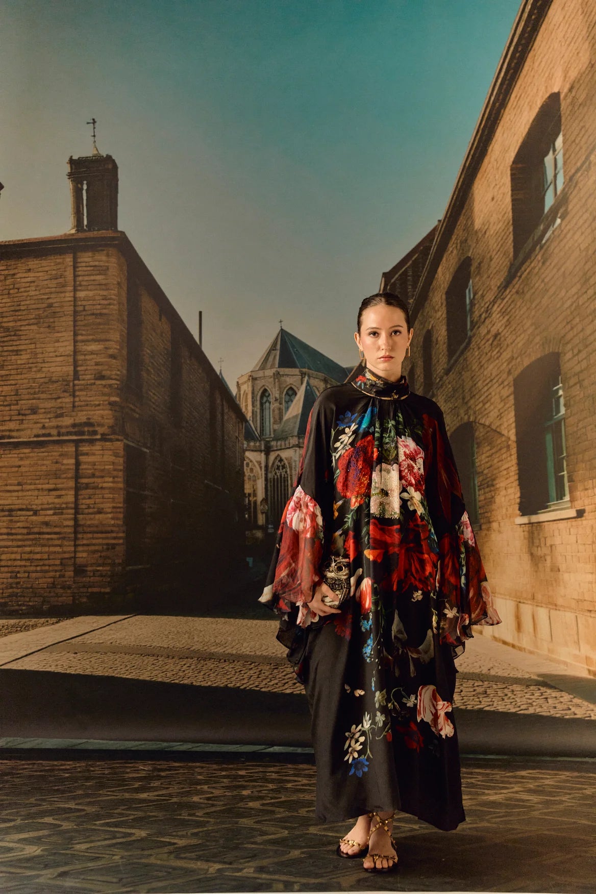 Digital print silk Chiffon ruffle kaftan with crystal - Black