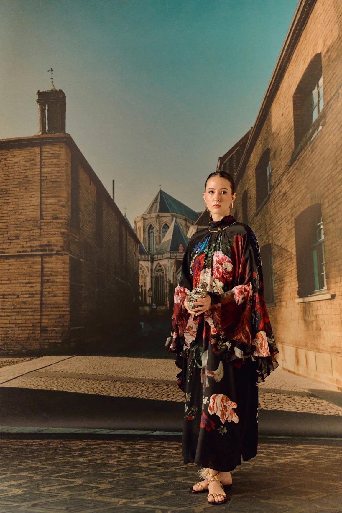 Digital print silk Chiffon ruffle kaftan with crystal - Black