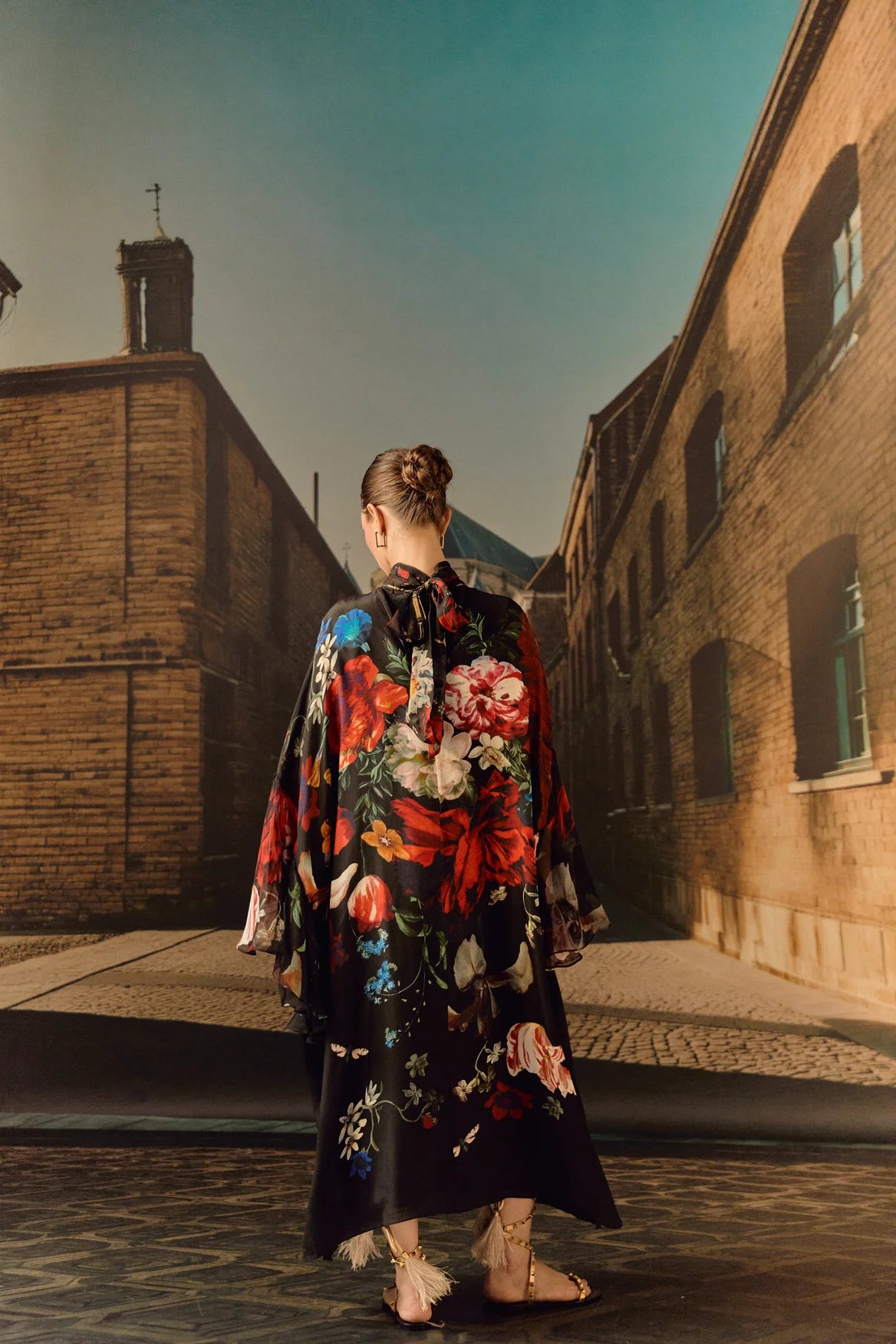 Digital print silk Chiffon ruffle kaftan with crystal - Black