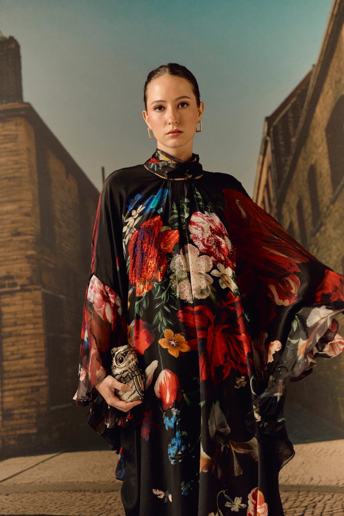 Digital print silk Chiffon ruffle kaftan with crystal - Black