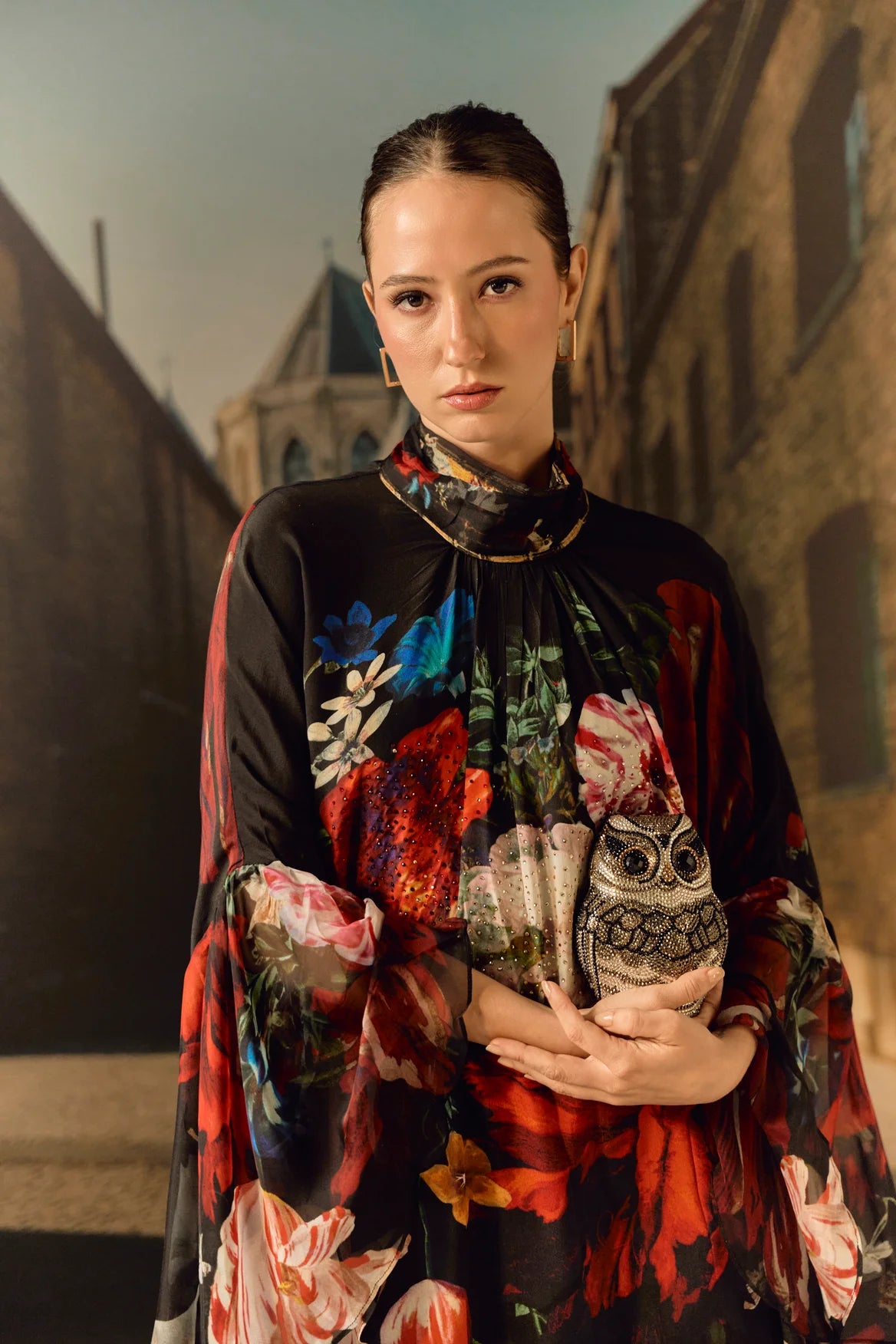 Digital print silk Chiffon ruffle kaftan with crystal - Black