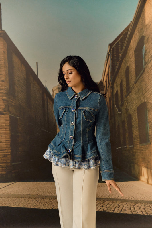 Corset Denim Jacket with checkered Peplum