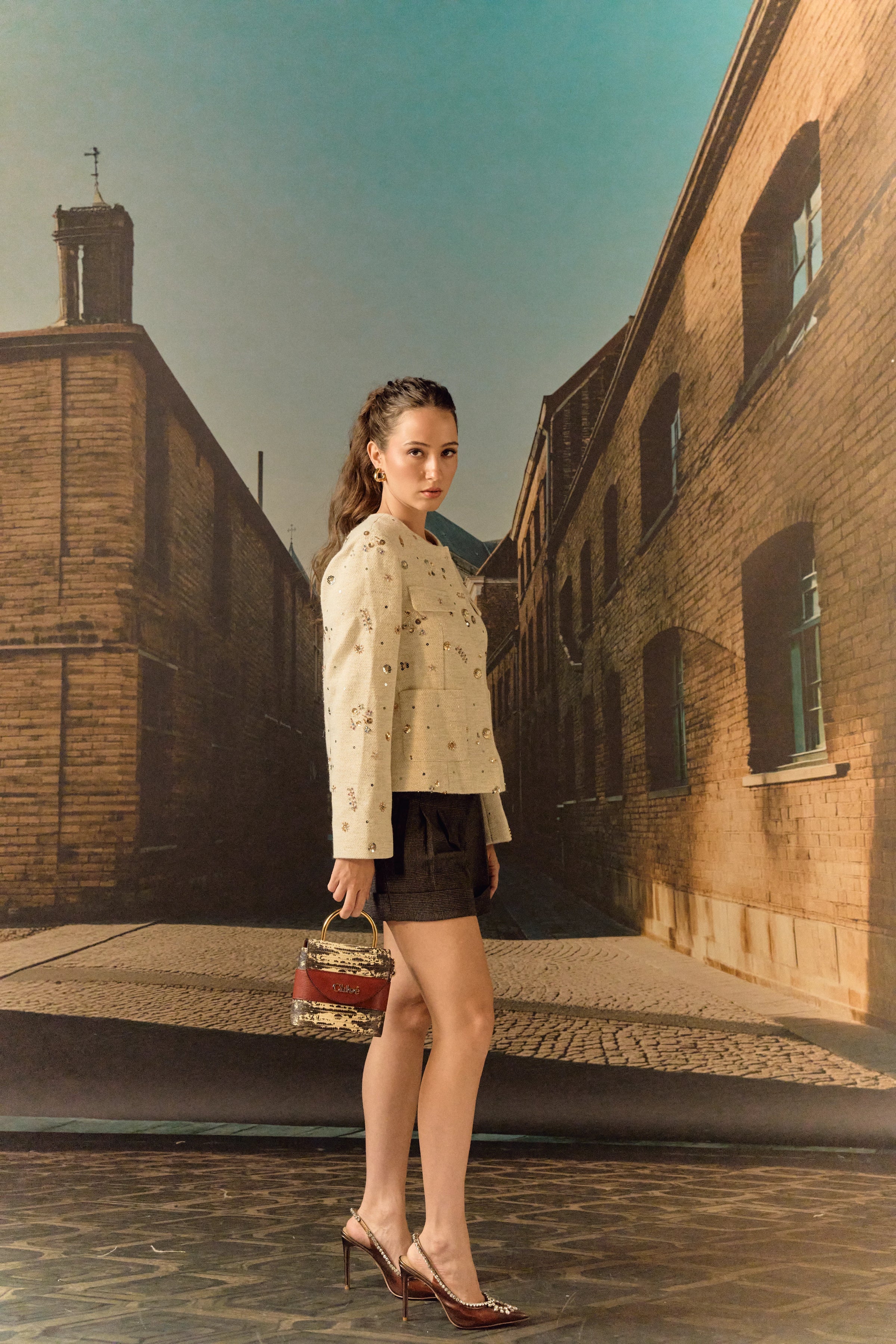 Tweed Jacket with hand embroidery - Biscuit