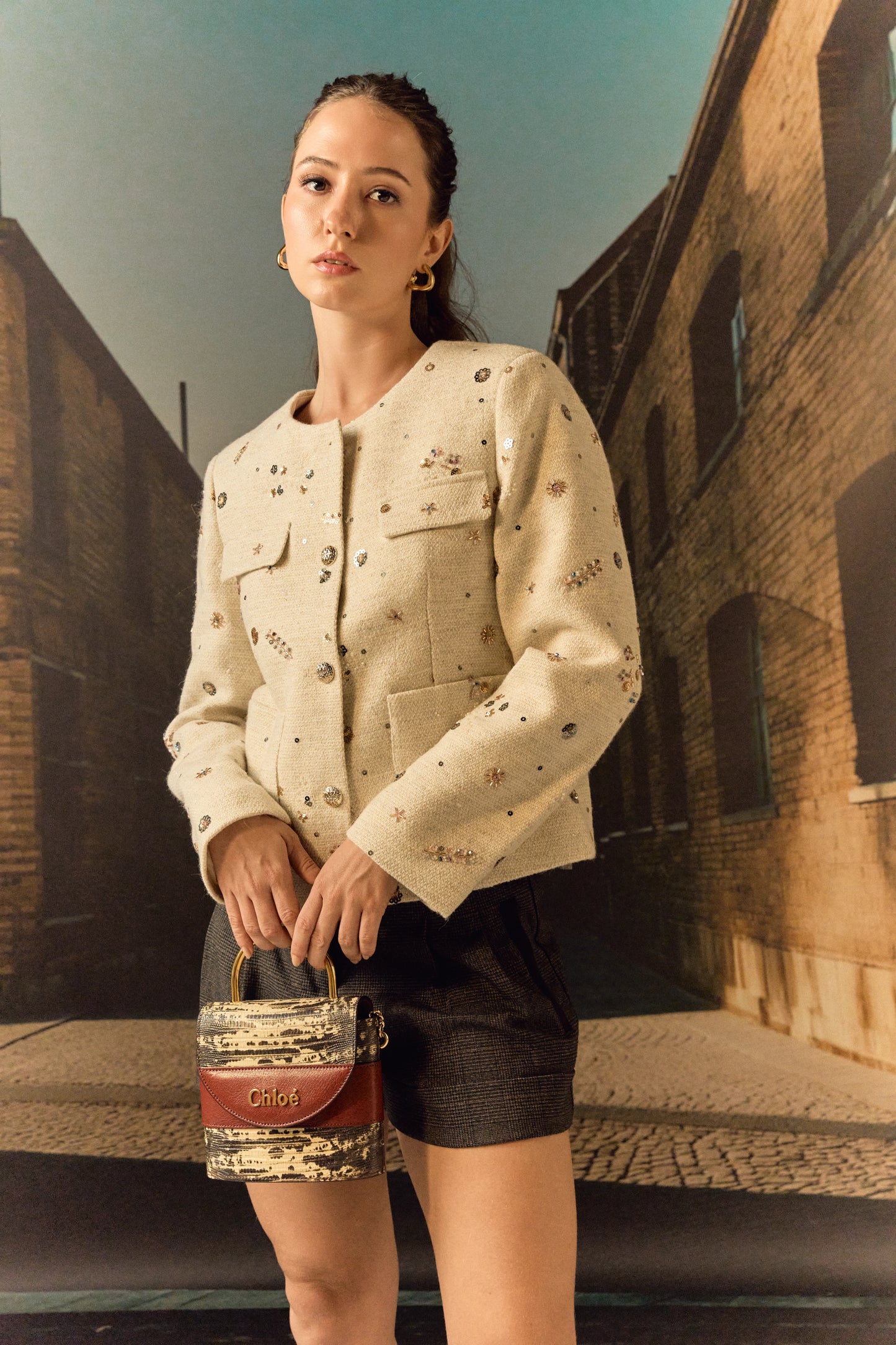 Tweed Jacket with hand embroidery - Biscuit