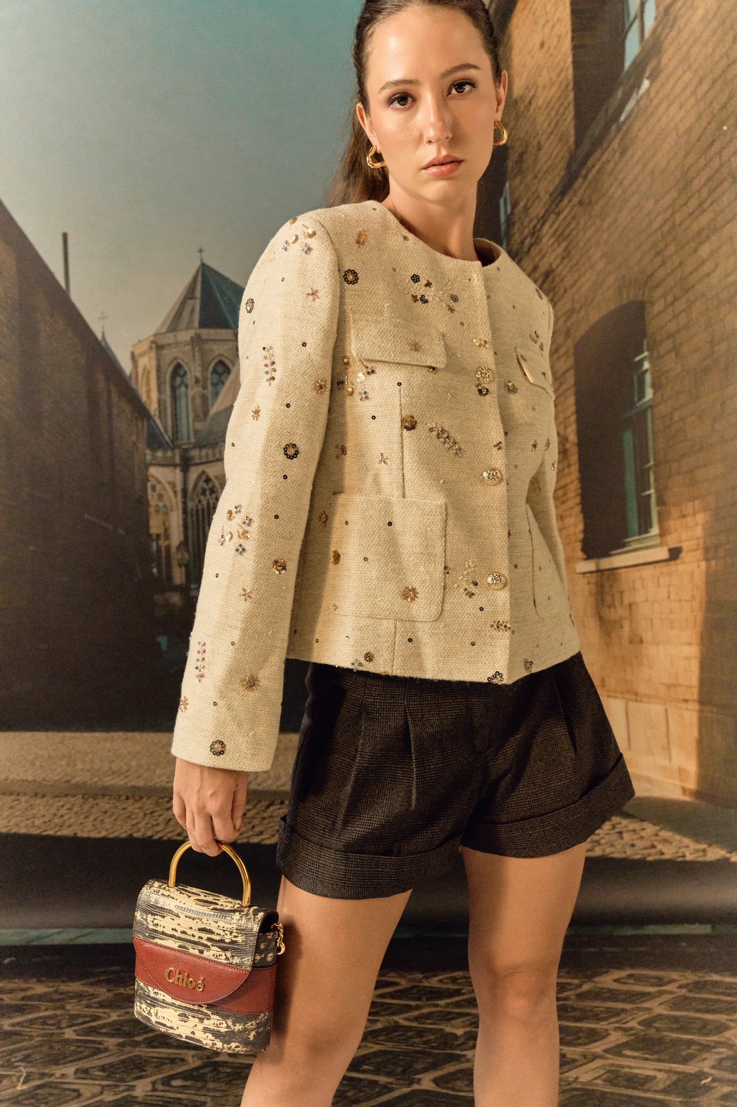 Tweed Jacket with hand embroidery - Biscuit