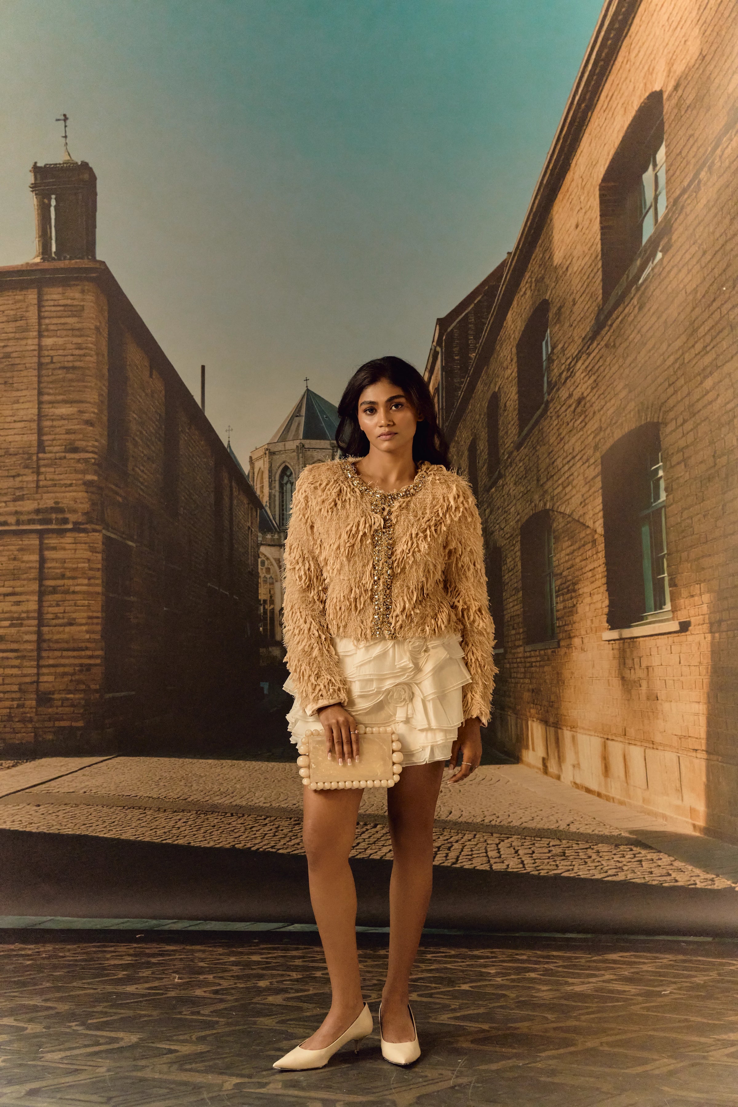 Feathered texture cropped jacket with crystal work - Biscuit