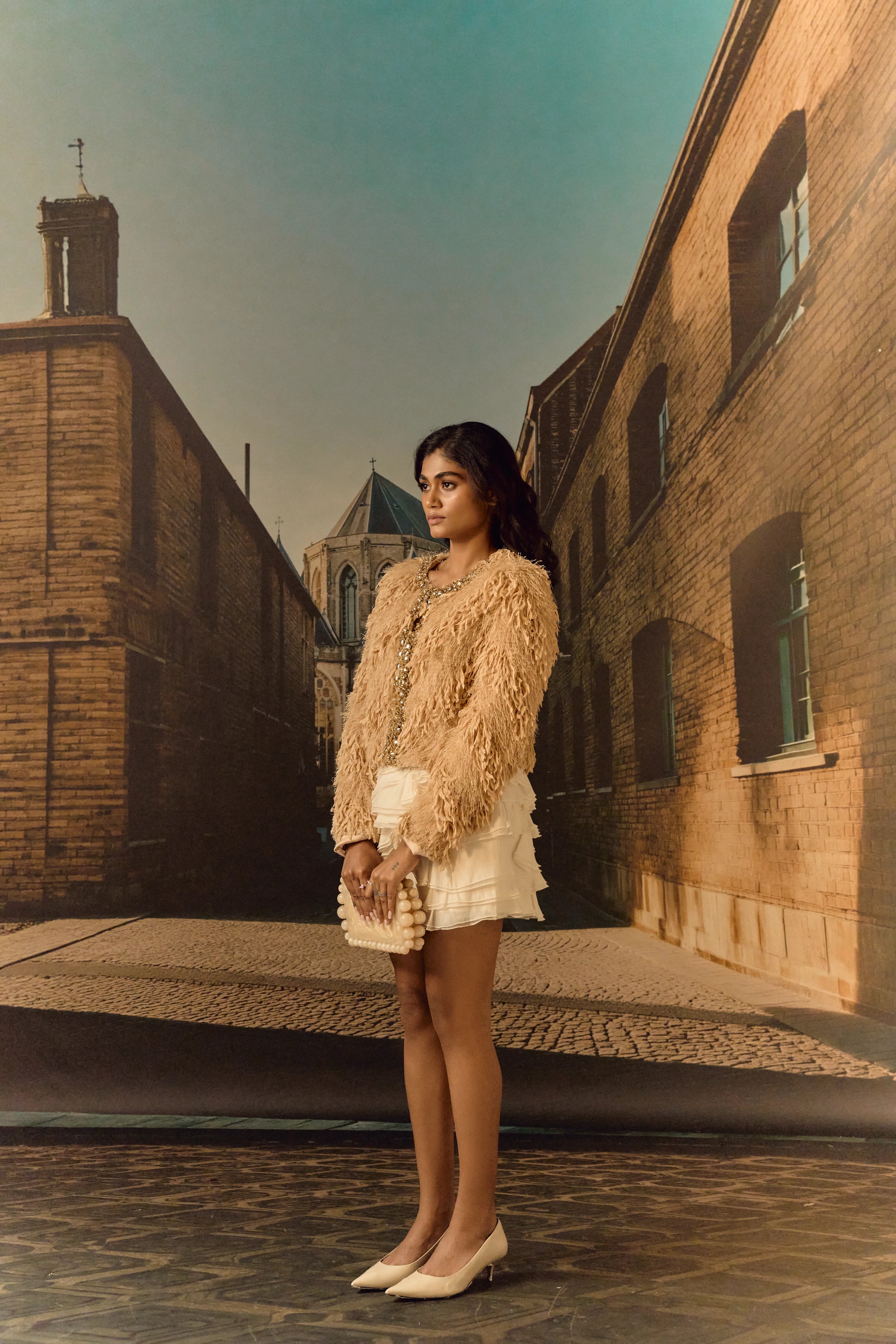 Feathered texture cropped jacket with crystal work - Biscuit
