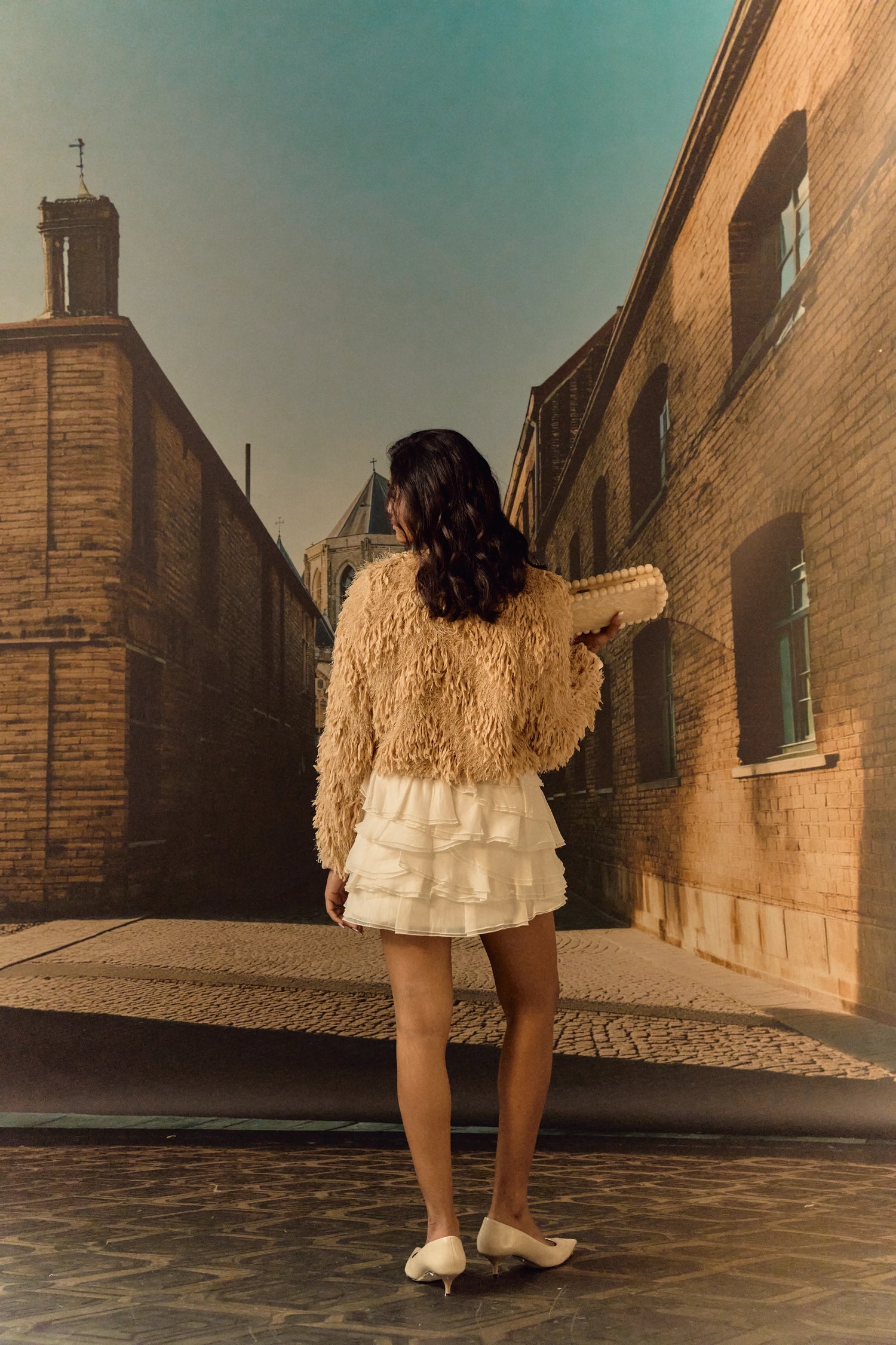 Feathered texture cropped jacket with crystal work - Biscuit
