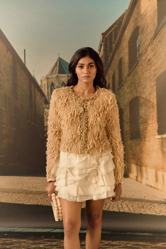 Feathered texture cropped jacket with crystal work