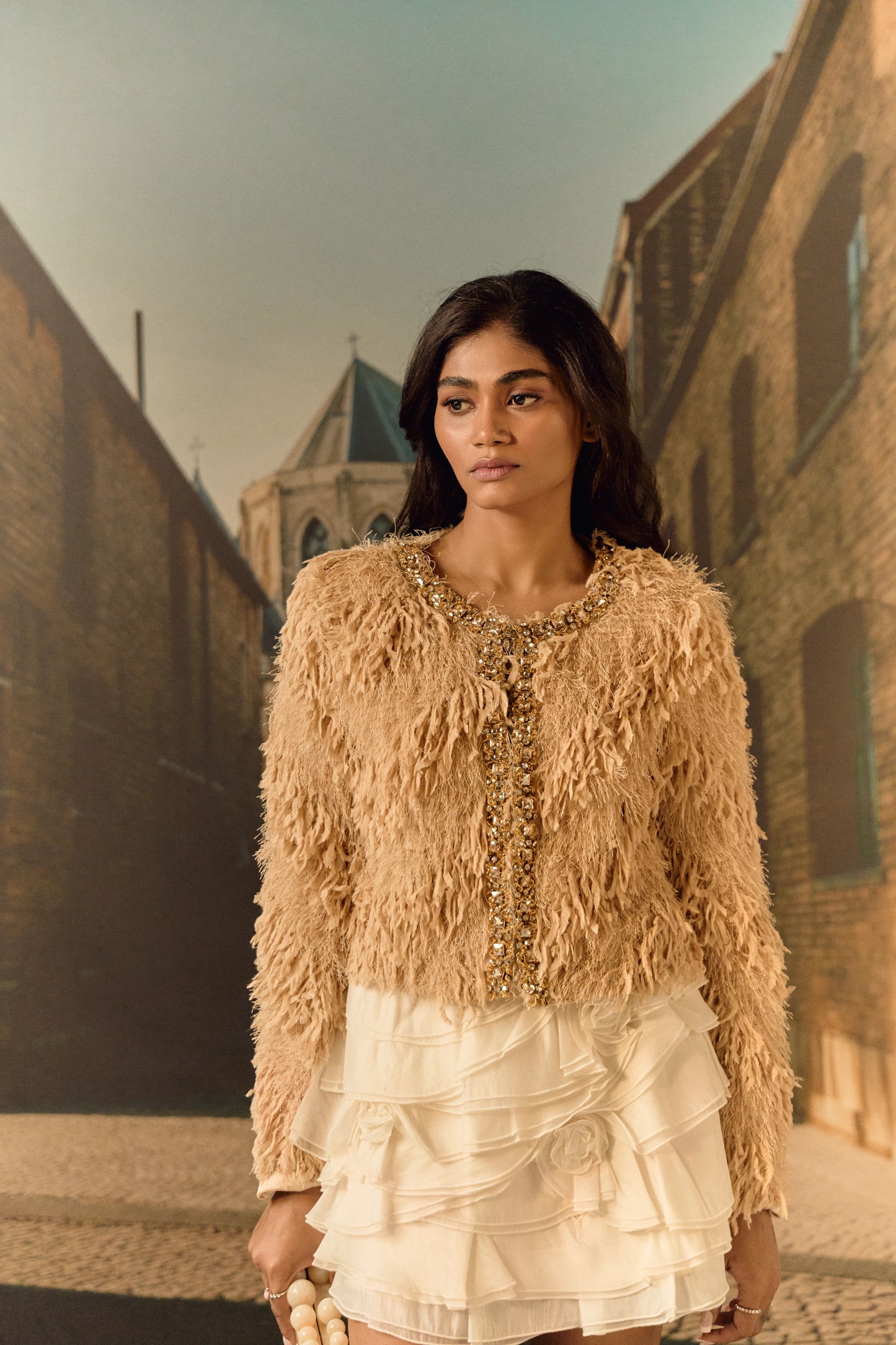 Feathered texture cropped jacket with crystal work - Biscuit