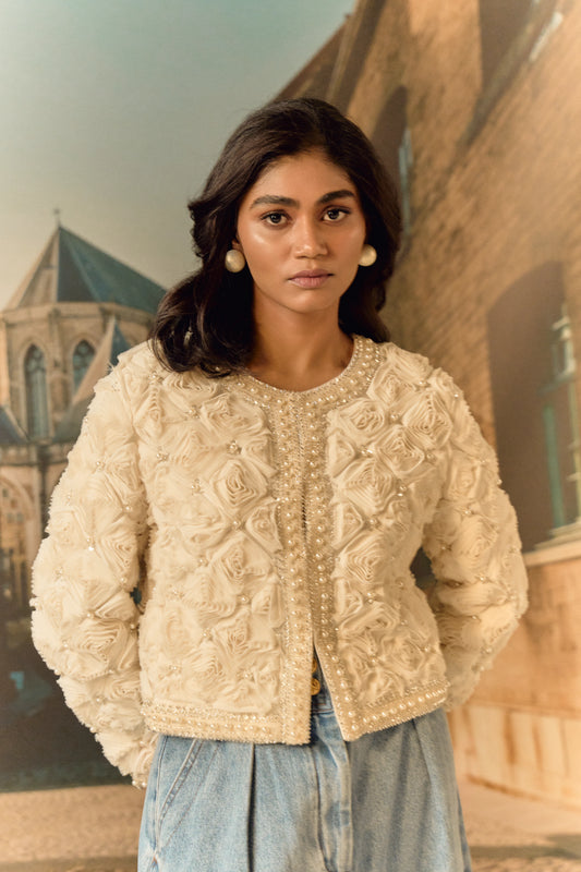 Ivory evening cropped all over evening jacket with 3D roses