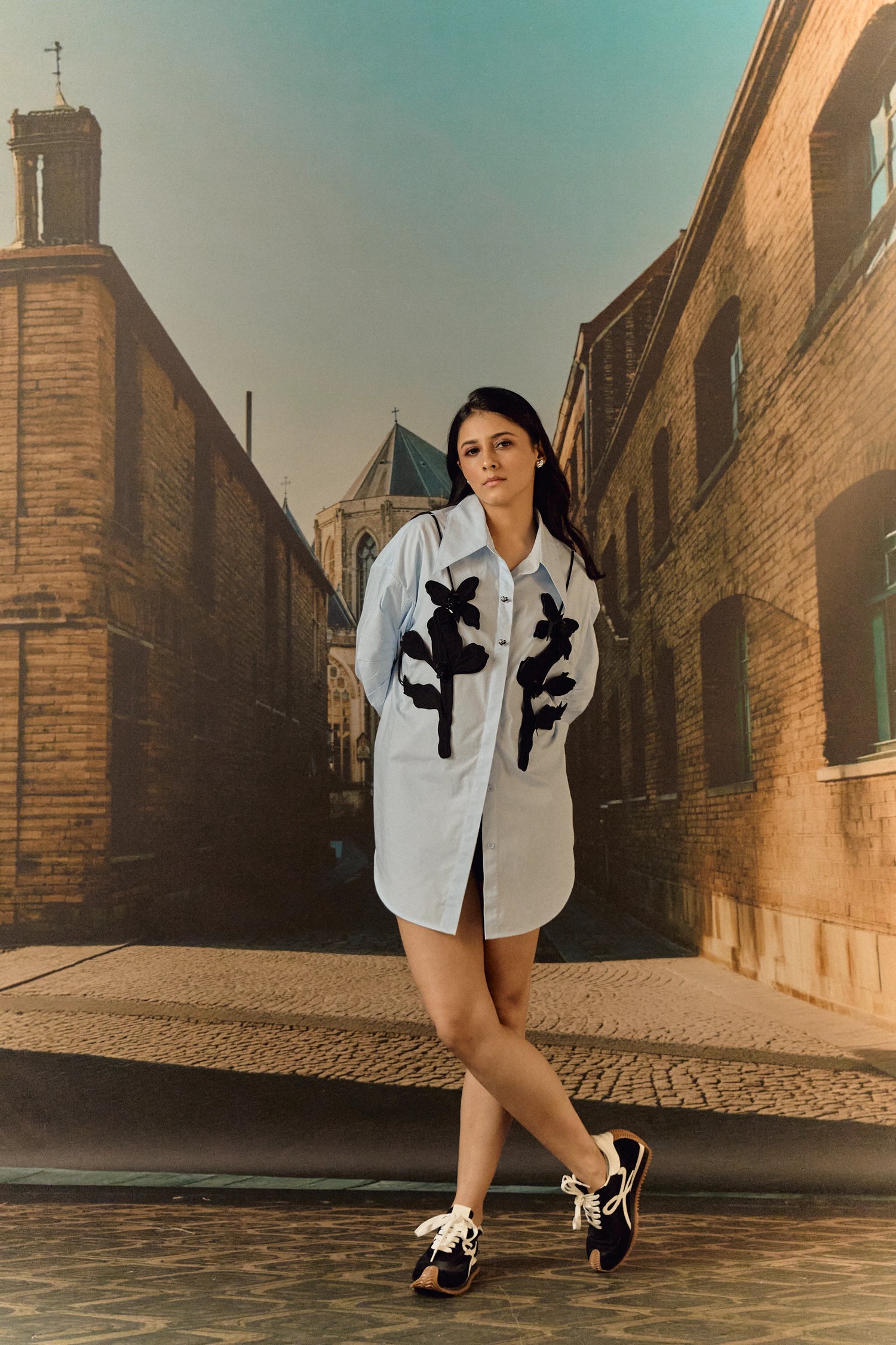 Cotton shirt with leather cut-out work bib - Sky blue