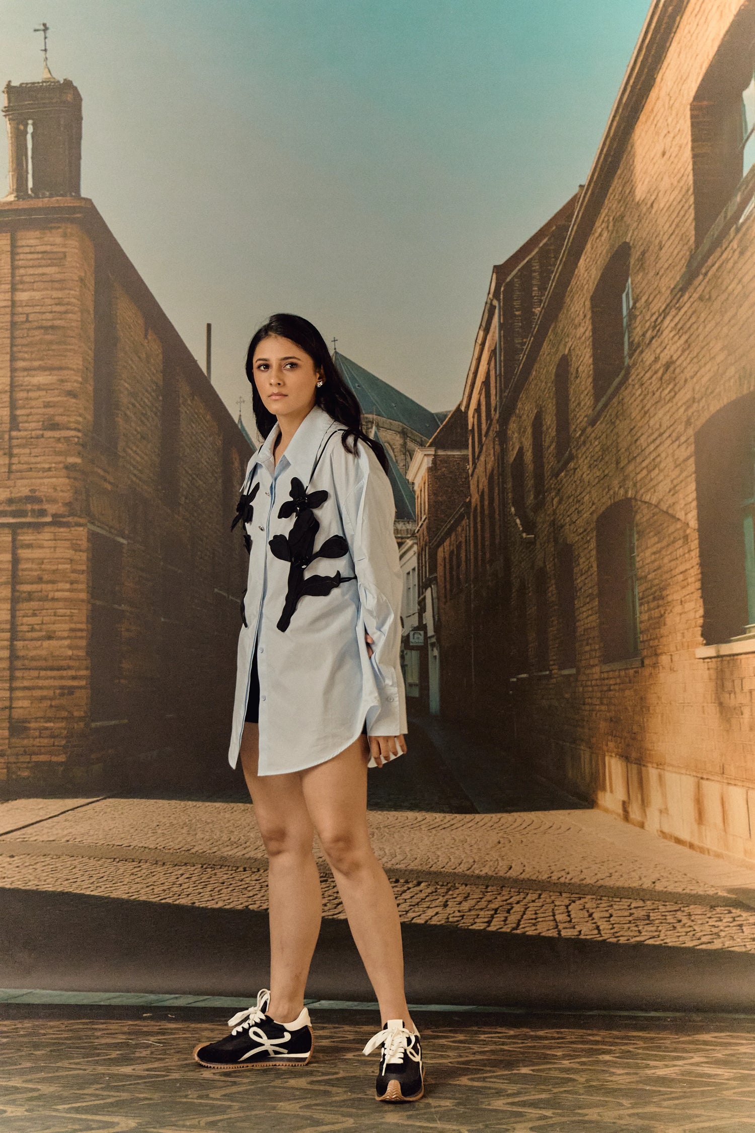 Cotton shirt with leather cut-out work bib - Sky blue