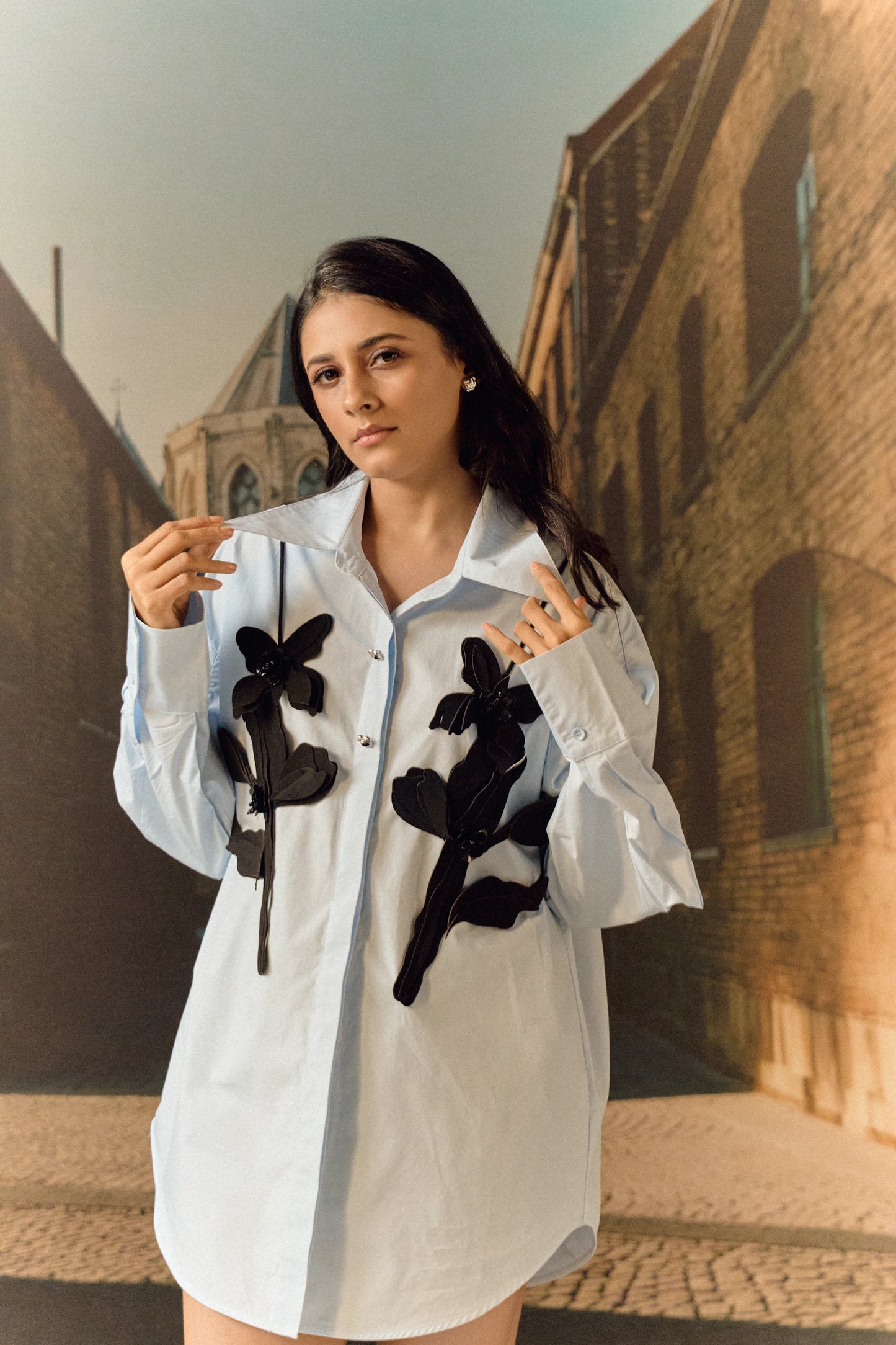Cotton shirt with leather cut-out work bib - Sky blue