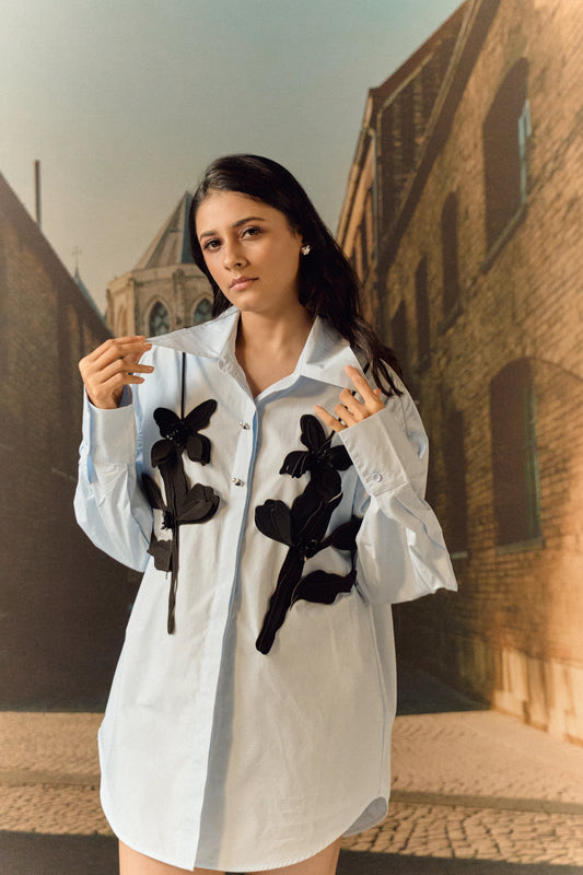 Cotton shirt with leather cut-out work bib - Sky blue