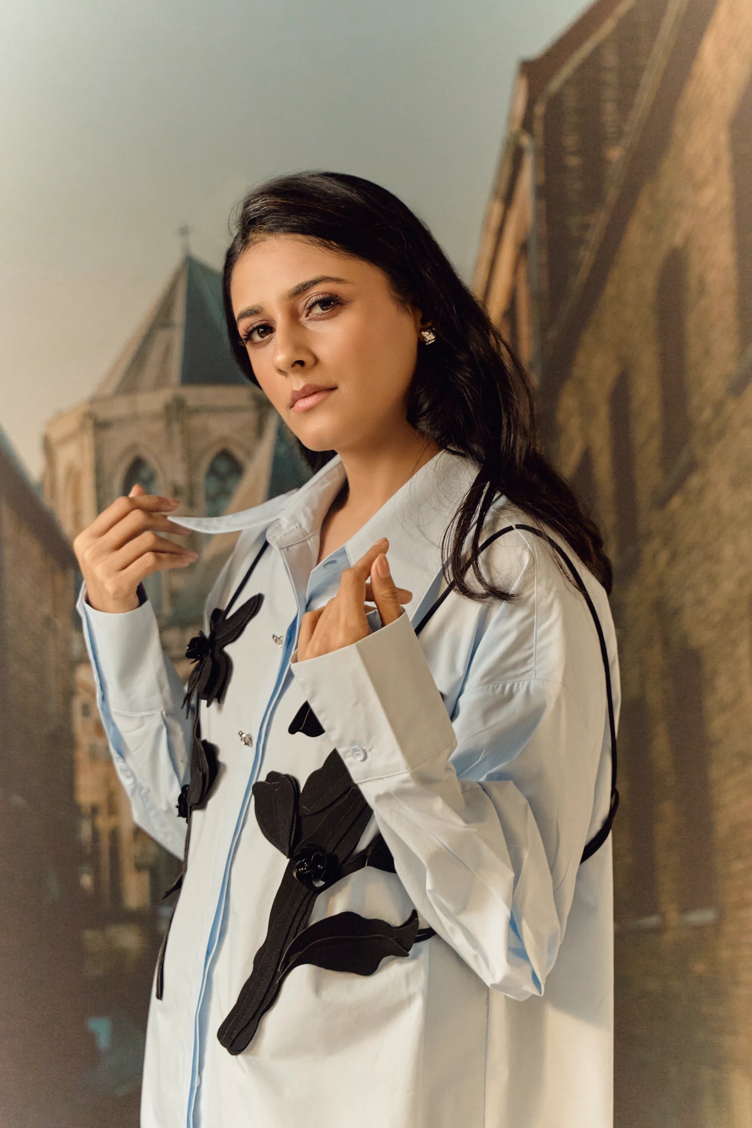 Cotton shirt with leather cut-out work bib - Sky blue
