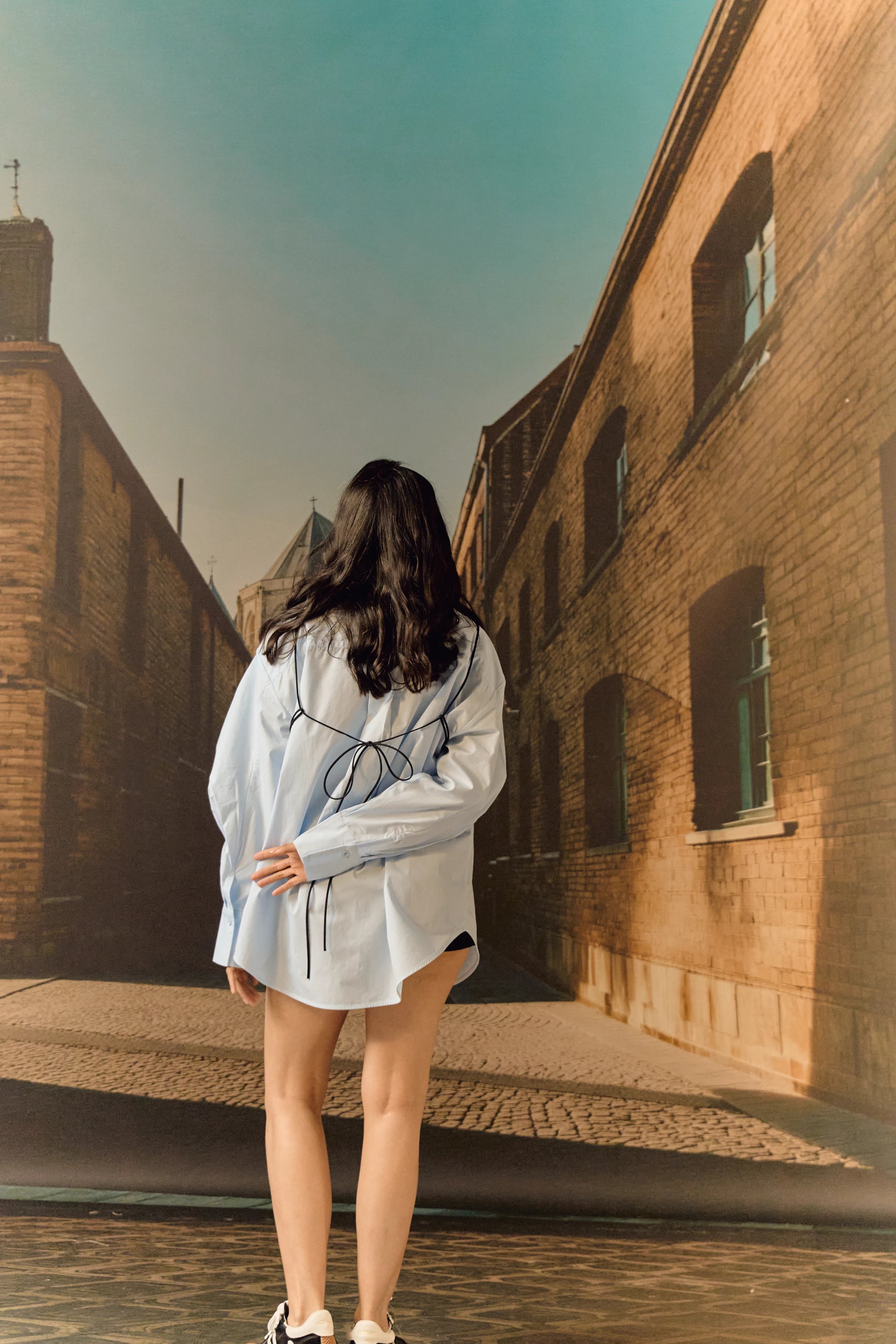 Cotton shirt with leather cut-out work bib - Sky blue