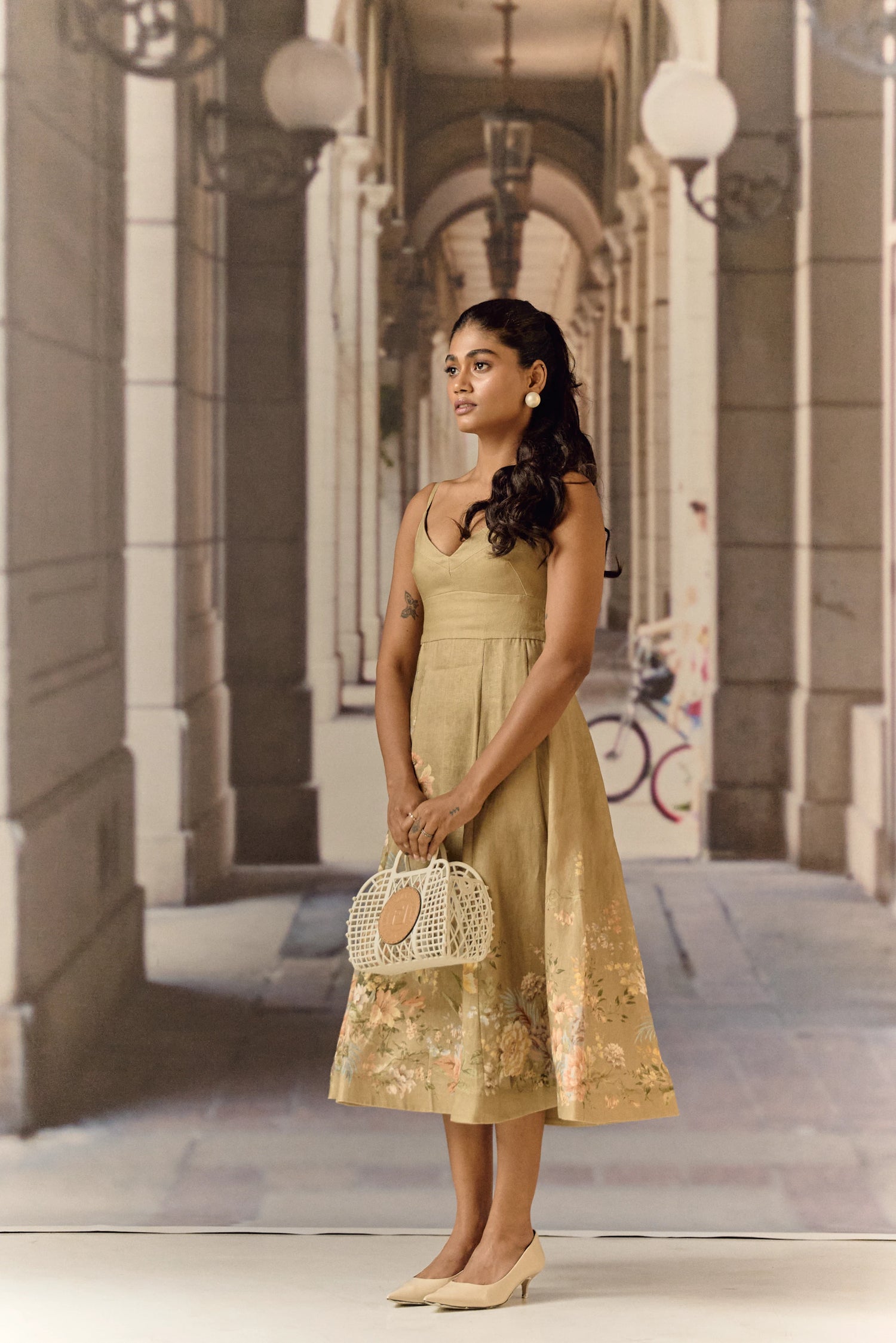 Olive linen forest printed Midi dress