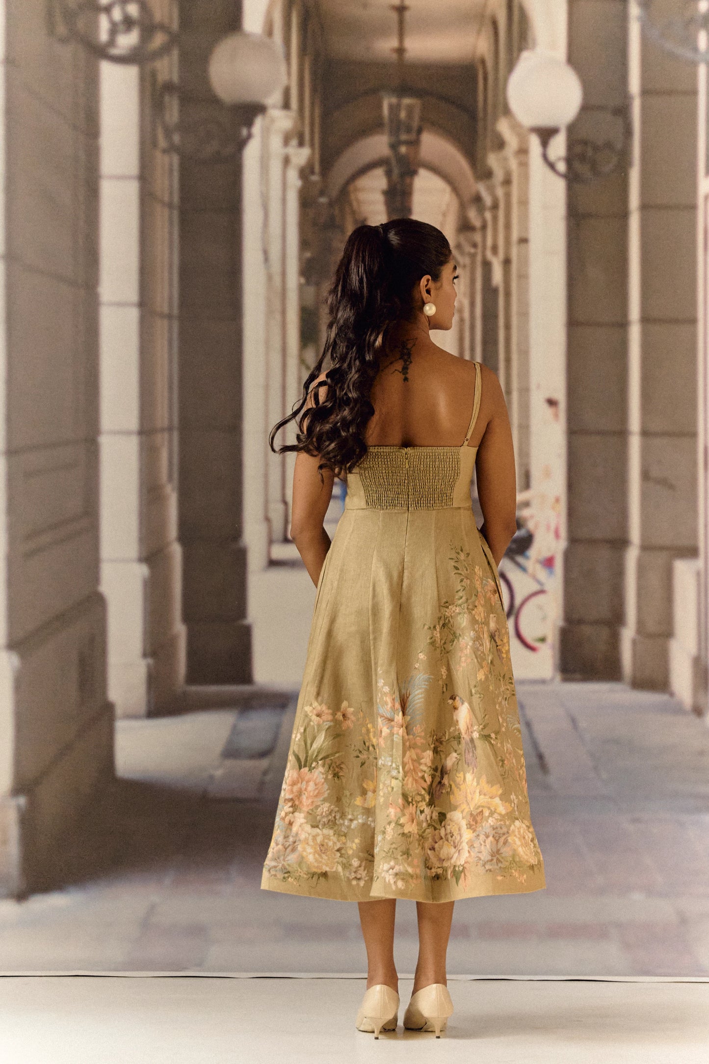 Olive linen forest printed Midi dress