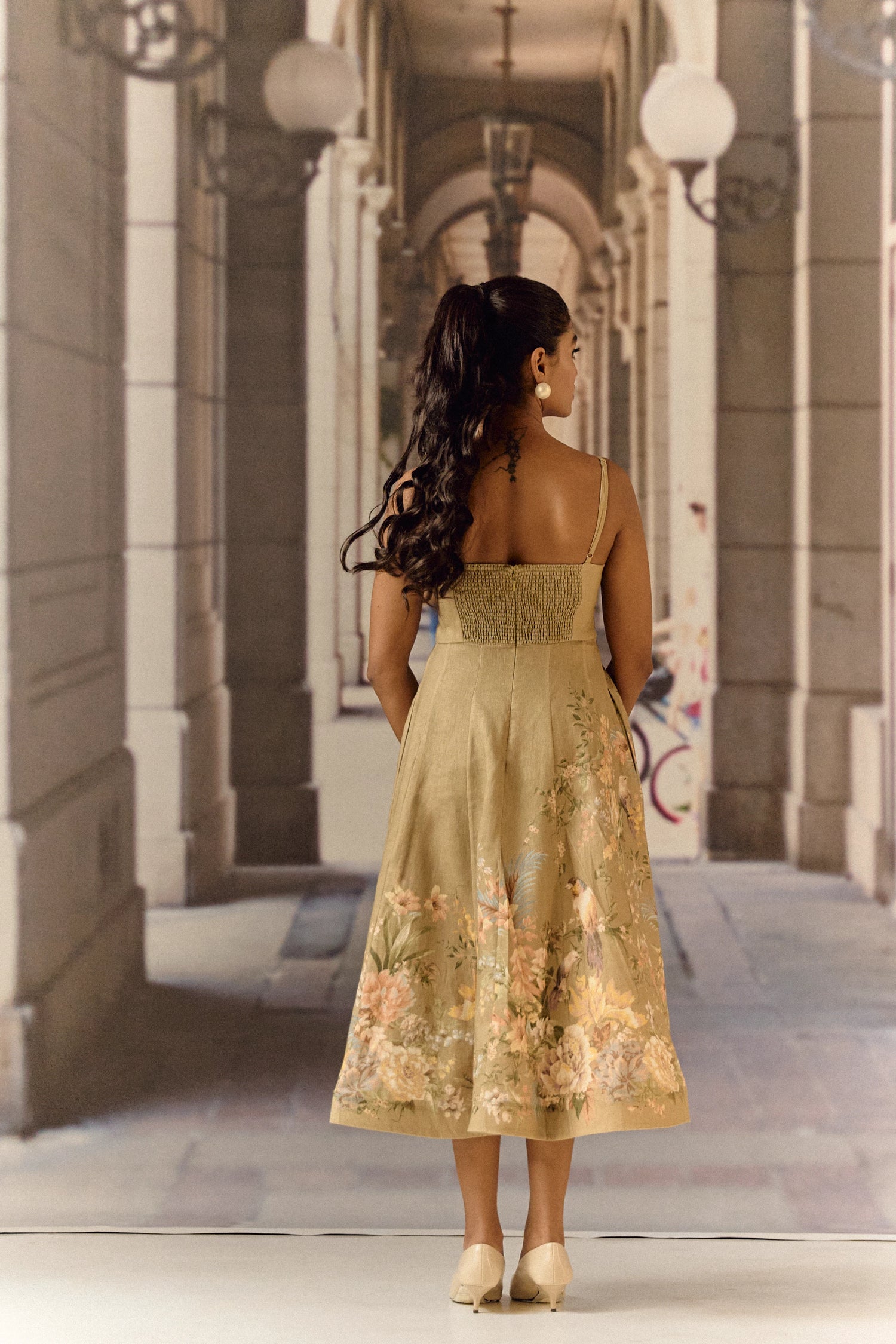 Olive linen forest printed Midi dress